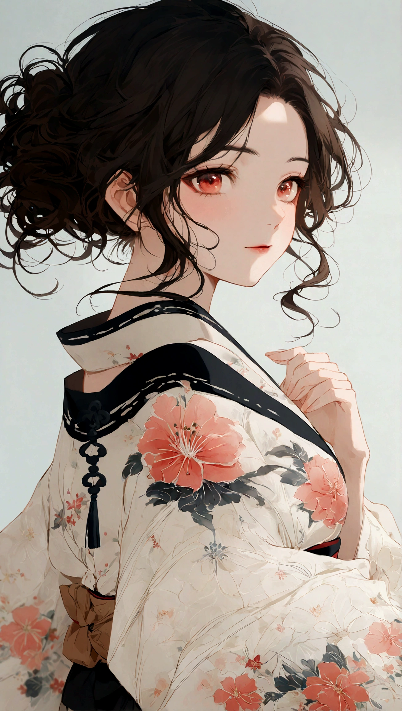 A close-up, evocative portrait of a woman's face wearing a traditional yukata, bathed in the soft glow of a summer night festival. The scene is inspired by traditional Japanese art, with delicate brushstrokes and a focus on light and shadow. Her expression is a blend of joy and tranquility, reflecting the beauty of the moment. The yukata is a soft, muted blue with subtle floral patterns, and her hair is adorned with simple, elegant accessories. The background is a gentle blur of soft colors, creating a sense of serenity. Soft focus, dreamy, ethereal, artistic. front view,looking at the viewer