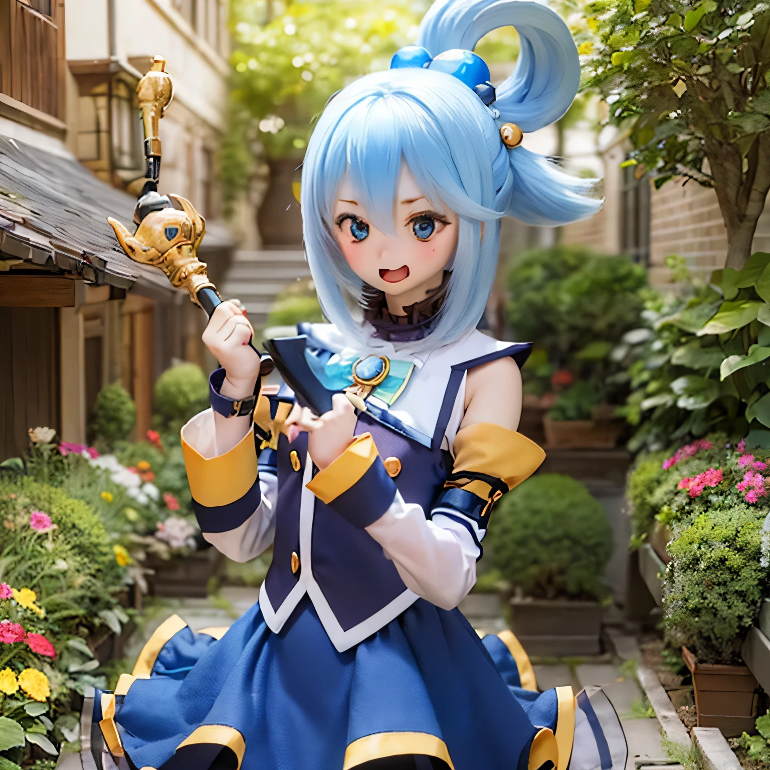 (a young girl and) Blue Hair, (wear) a white and blue dreSS, (Holding) staff, (Standing) wealthy, Vibrant Garden, (and) Colorful flowers (flowering) Around her, (Down) Clear blue sky.(((((punch)))))
(Portraiture) girl&#39;S, (Realistic) rendering, (and) (Very detailed) Features, (inclusive) Sparkling blue eyes, (Rose color) lips, and (length) eyelash.
(highest quality, 4K, High resolution) image, (and) (Vivid) color, (Emphasis expressed) girl&#39;Stylish and lively appearance.
(the garden iS filled and) sunlight, (end) a warm and inviting atmoSphere, (and) kind (Light of the sun) Light up the scene.villain poSe
have a magic wand (((open your mouth and laugh)))