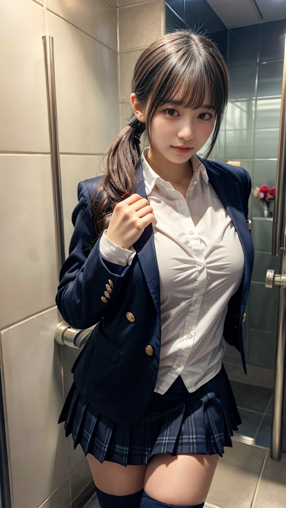 masterpiece, best quality, illustration, Super detailed, fine details, High resolution, 8K,wall paper, perfect dynamic composition,(Details High quality, realistic depiction of eyes:1.3), (Toilet cubicles:1.2), (urinal)、High school girl uniform、blazer 、Super Short Check Uniform Skirt、Navy blue high socks、garterbelts、 large breasts, expresses the roundness and softness of your chest, Don't expose it、Disturbed uniform, ponytail, black hair color, Big Natural Color Lip, perfect body shape, crying a little、Harajuku style、20 year old girl、cute type, beautiful legs, Gravure Idol