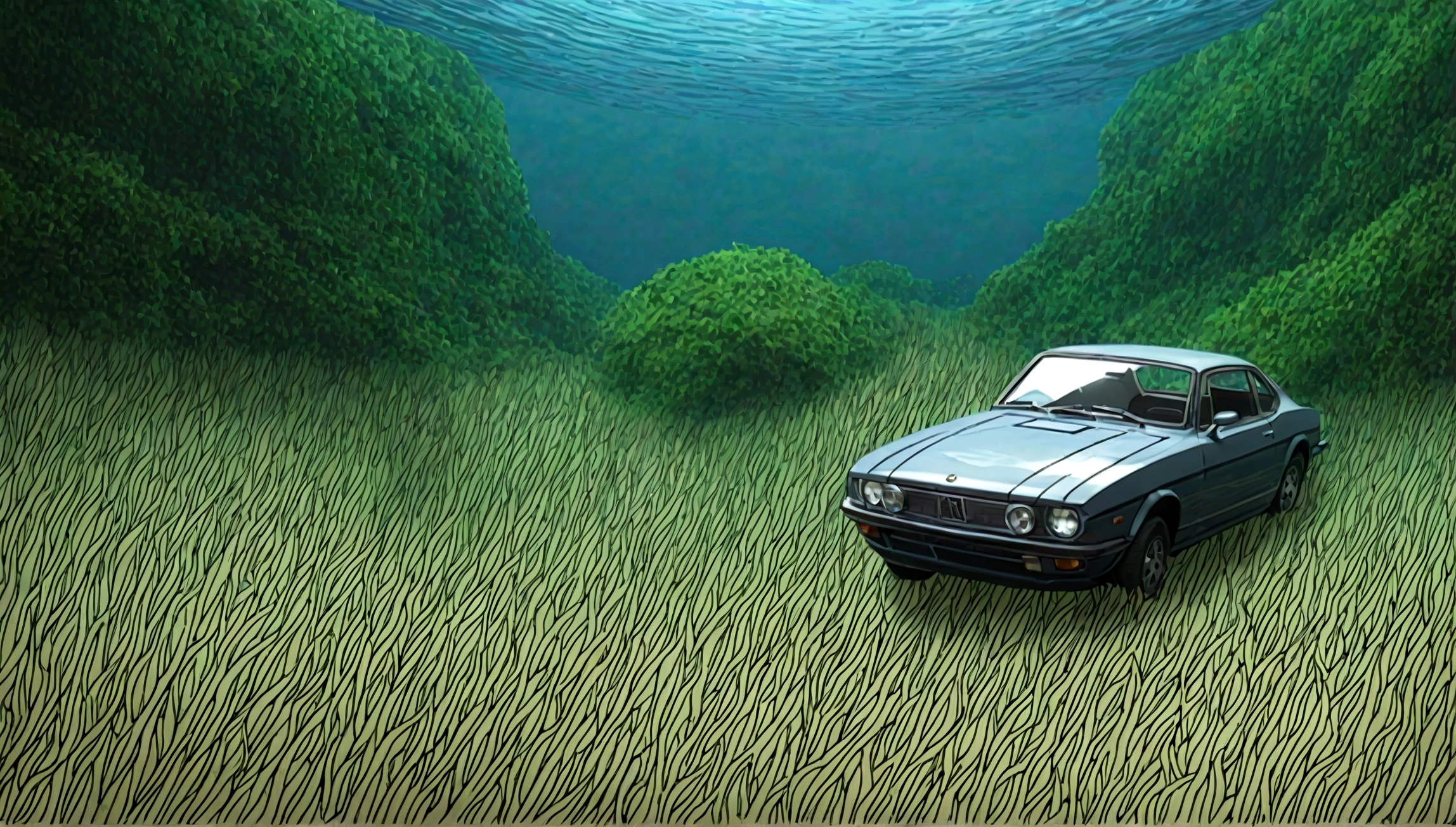 There's a sports car at the bottom of the ocean, surrounded by marine life. Light breaks through the water, creating mystical lighting. The car is partially covered with seaweed and coral, which emphasizes his prolonged stay under water. A variety of fish and other marine life swim around.

Details for creating a picture:

Main object:

sports car (Sports car).
Clean lines and modern car design, but with elements of corrosion and fouling by algae and corals.
ambient:

Ocean floor, covered with sand and stones.
Marine flora: algae, armed, sea grass.
Marine fauna: various types of fish, Maybe, small sharks, Jellyfish.
Lighting & Atmosphere:

Scattered light, penetrating through the water from above, creating soft light rays.
Shadows & Depth, giving the image realism.
Bluish and greenish shades, characteristic of the underwater environment.
Additional elements (Optional):

Shipwrecks or old chests in the distance to add ambience.
little air bubbles, rising from the car.
Style and mood:

Realistic style with high detail.
Mystical and slightly mysterious atmosphere.
Combination of modern and natural.
Technical specifications:

a high resolution.
Realistic stylization.
Detailed elements of the car and the underwater world.
Effective use of light and shadow to create depth and realism.
