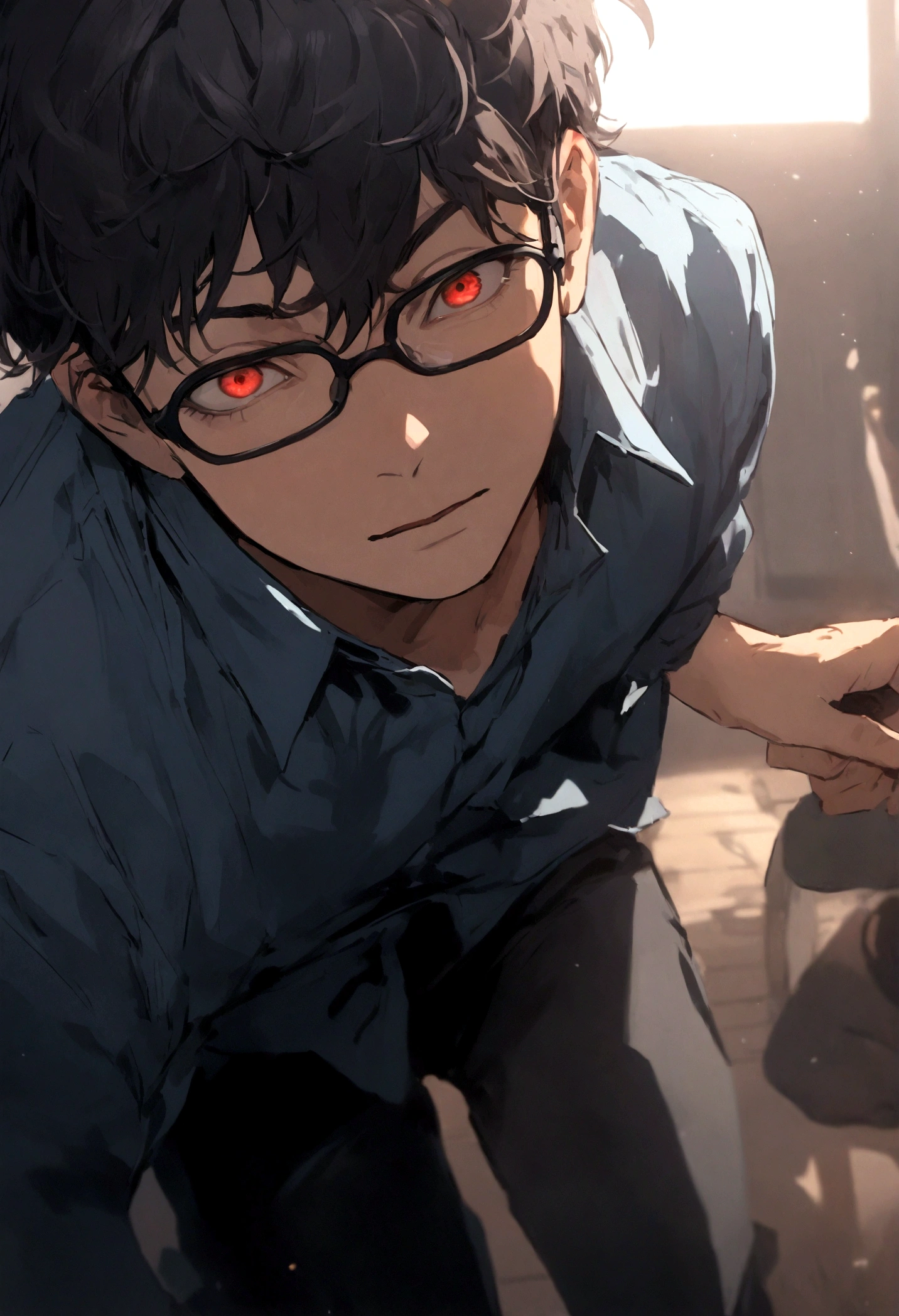 boy, Wearing glasses and a blue shirt,Black Pants,Pink and black hair , Red Eye, Green Eyes