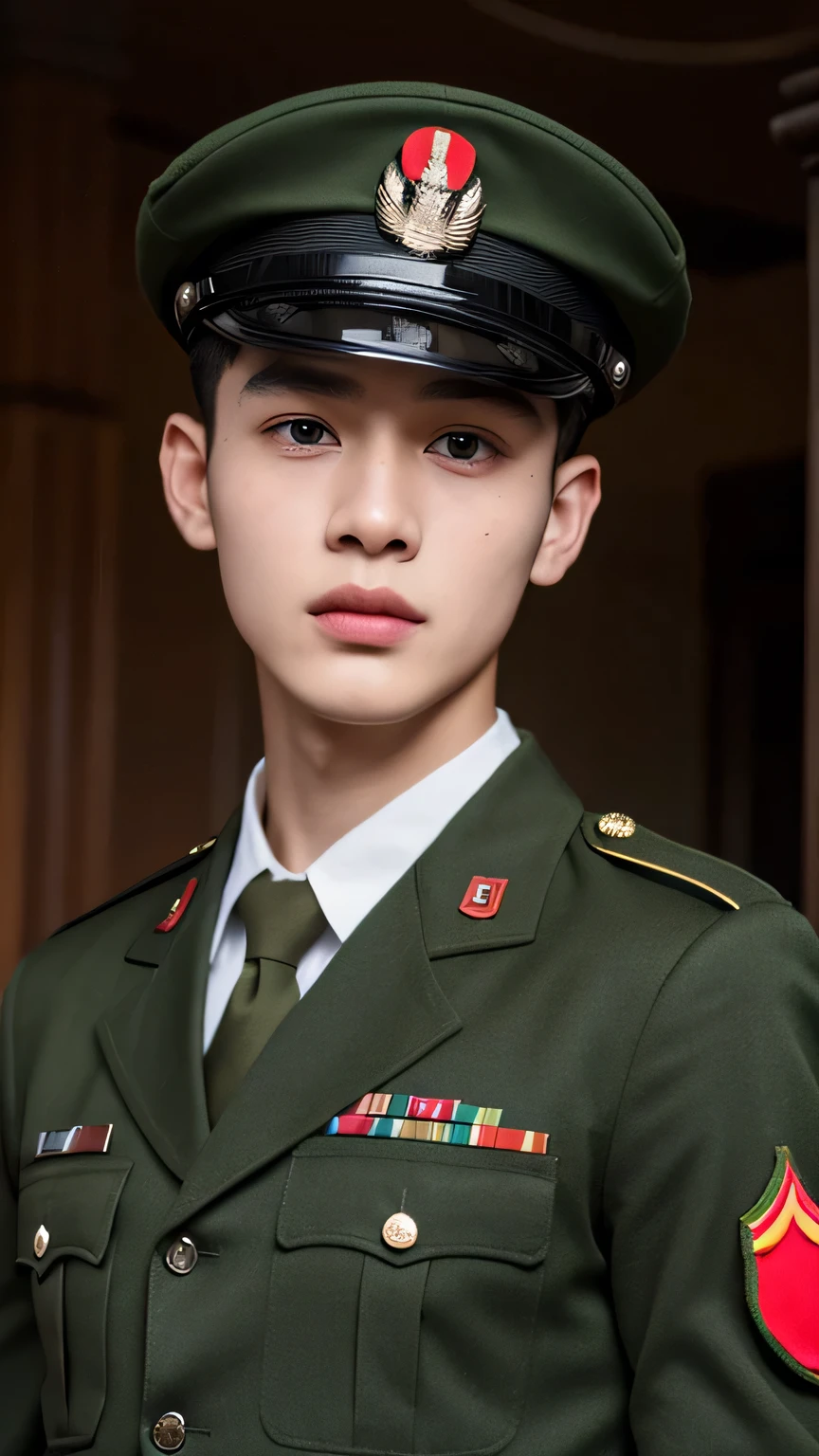 ((best quality)), ((masterpiece)), (detailed), Perfect face,A young man who is about to join the army,Wearing green military uniform with military cap,There are red elements on the military uniform,Face the camera,Male Soldiers,
