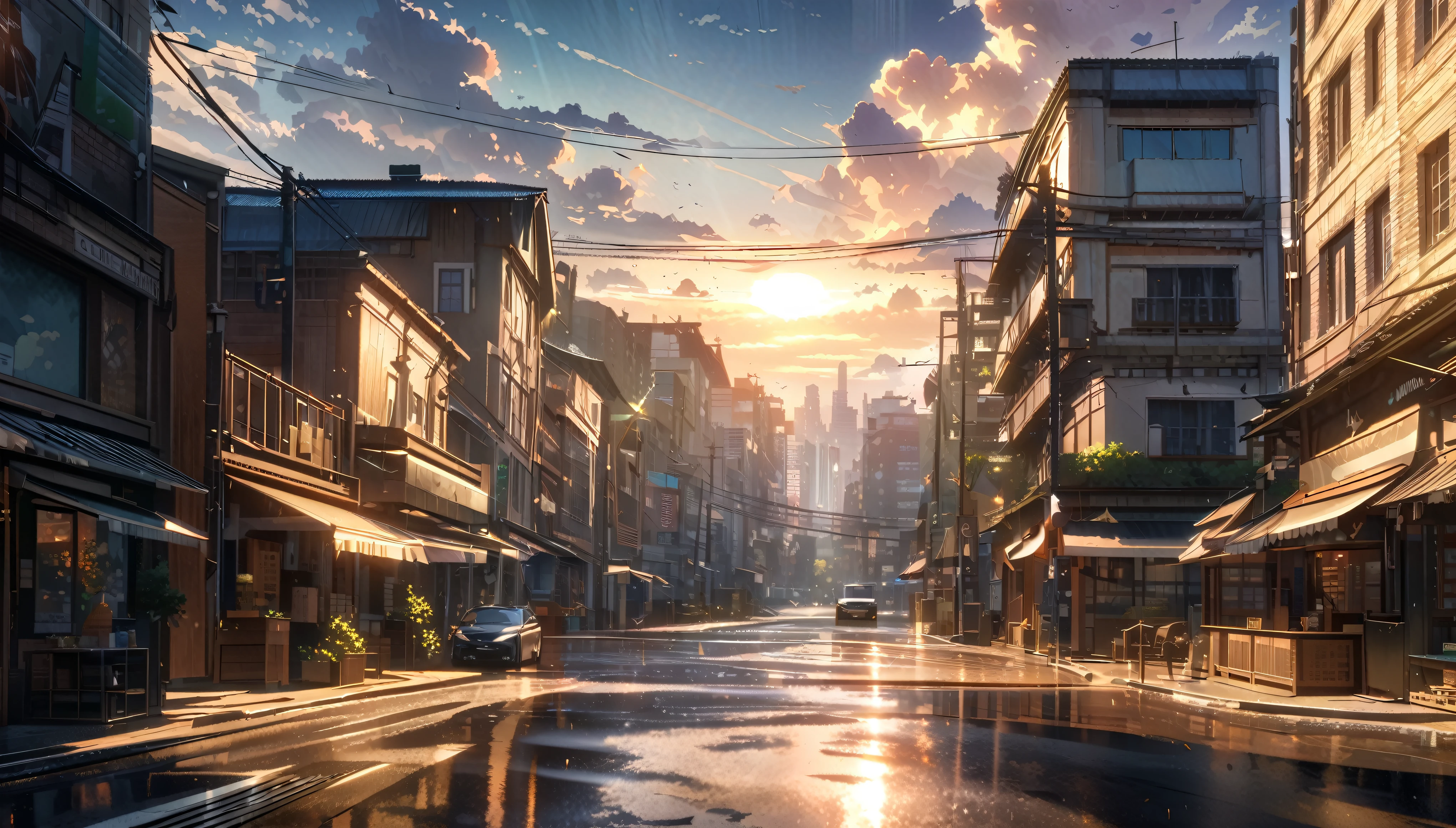 anime aesthetics, anime landscape, city street view, partly cloudy sky with sun peeking through, brightening hope, occasional raindrops, dynamic scene, landscape scenery, improving weather, detailed clouds with sun rays, mostly clear sky, remnants of storm, few remaining storm clouds, scattered clouds, sunny breaks, part sunny part cloudy, bright skies, light clouds, sun emerging, cityscape, wide shot, high quality, highres, best quality, award winning, super detail, masterpiece, 8k, 16k