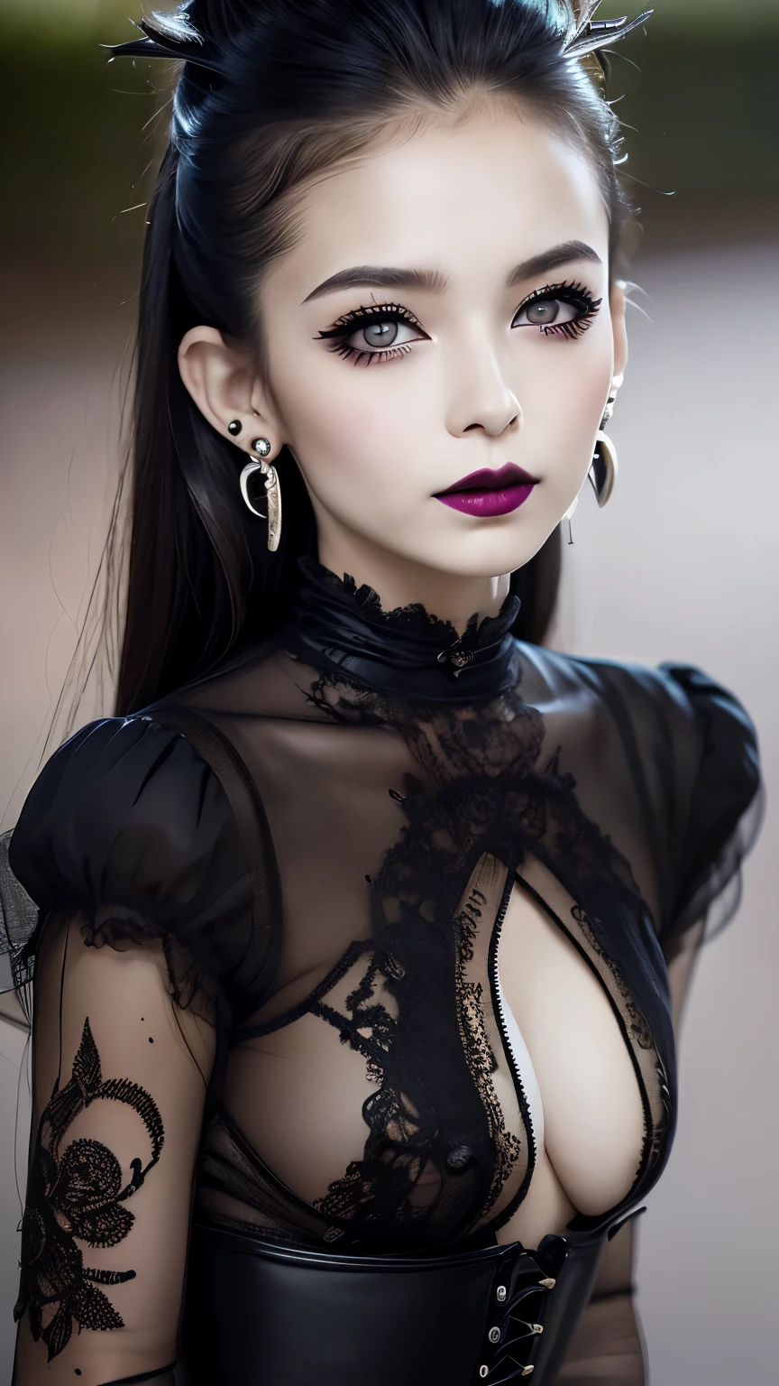 Create a photo realistic hyper realistic heavily tattooed goth girl, perfect face,neon sapphire eyes, thin curved black eyebrows, long luscious eyelashes, black eyeliner, black eye shadow,curved lips, thick black lipstick, half shaved long luscious black hair, black lace choker collar, golden ratio body, black corset, black thong, sitting in a bed one and in hair the other hand over mouth,