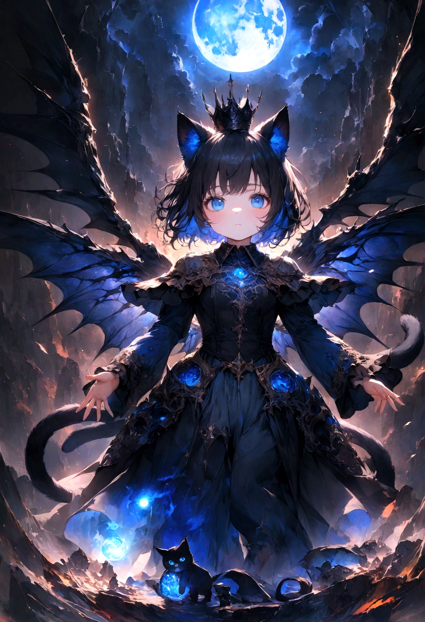 cute、、Young Girl、12age、Expressionless girl、whole body、Black Hair、Black cat ears、Cat's Tail、Beautiful blue eyes、Black crown、Black and blue vampire wings、Glare、Rin々Funny face、beautiful、blue Moon、Lots of blue light、Fantasy,Lots of light、gem、magic、AmbiLight,The colors are vivid and bright,Black background,haze,Detailed depiction,Rich details,Explosion of imagination,Surreal,Ultra-realistic,masterpiece,8k,Light,Tyndall effect