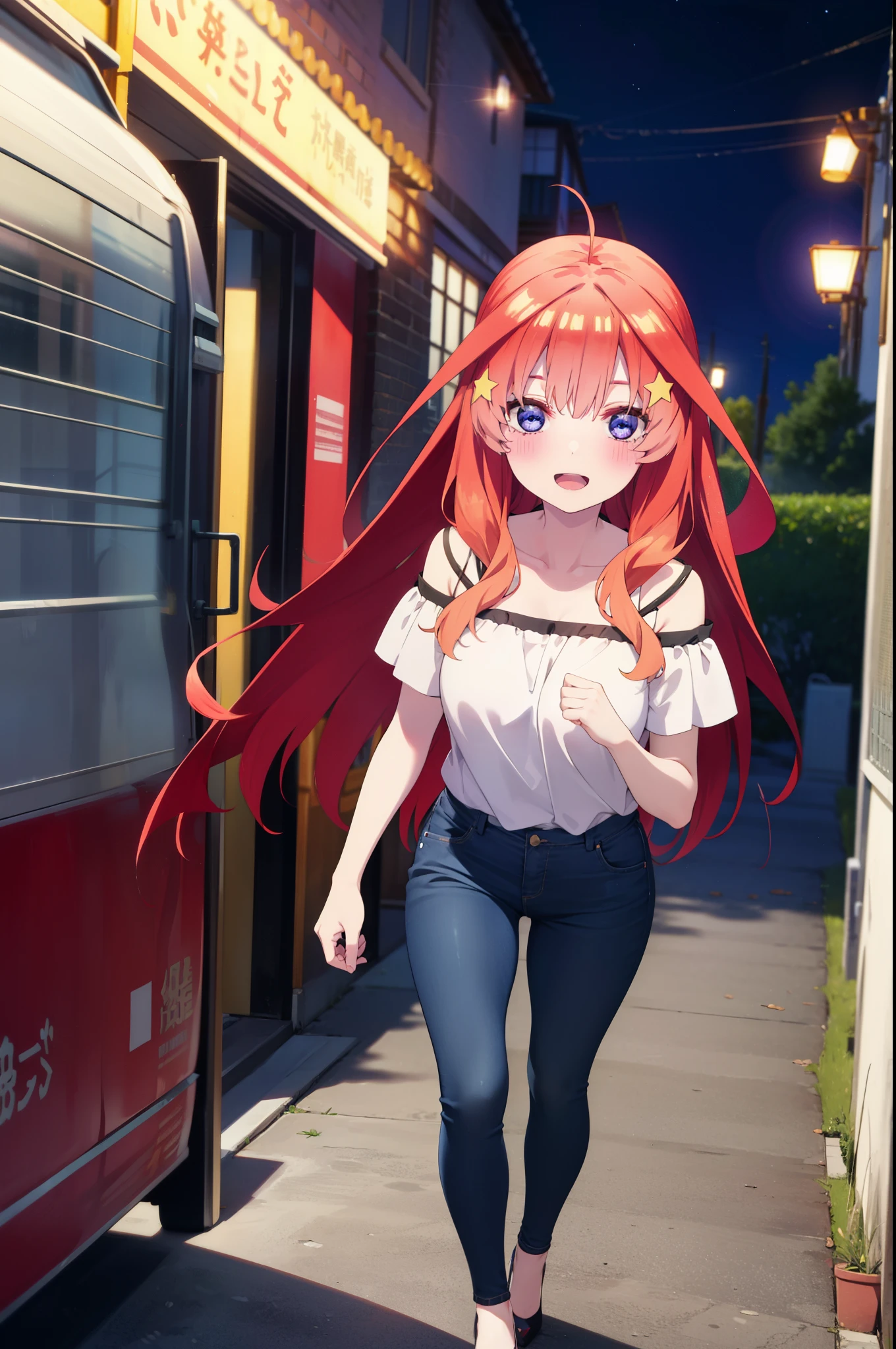 itsukinakano, Itsuki Nakano, bangs, blue eyes, Hair between the eyes, Ahoge, Redhead, star \(symbol\), hair ornaments, star hair ornaments,smile,blush,Open your mouth,,Cold shoulder tops,Skinny jeans,Short sleeve,Stiletto heels,night,Walking,moon,whole bodyがイラストに入るように,Looking down from above,
break outdoors, In town,Building district,
break looking at viewer, whole body,
break (masterpiece:1.2), highest quality, High resolution, unity 8k wallpaper, (figure:0.8), (Beautiful fine details:1.6), Highly detailed face, Perfect lighting, Highly detailed CG, (Perfect hands, Perfect ???????),