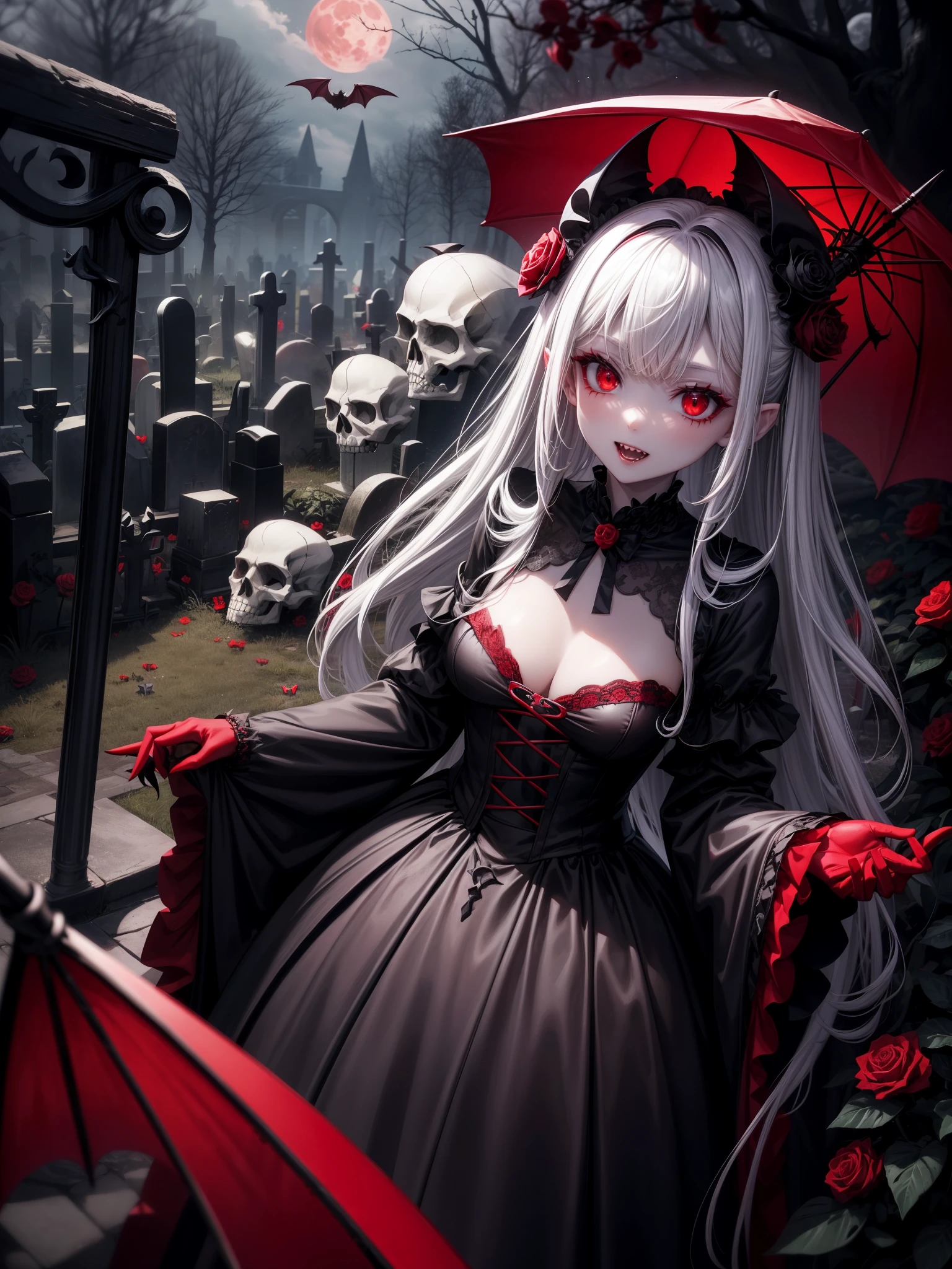 Midnight Graveyard、dawn、Red full moon、Dark Red Vampire、Red and black bat、Red rain、Bat clothing、Wearing a bat、Bat Costume、Gothic Dress、Black and white parasol、Bewitching beauty、bewitching、Black Rose、skull、Red Eyes、Double teeth、tooth、Unnaturally pale skin、Black gloves