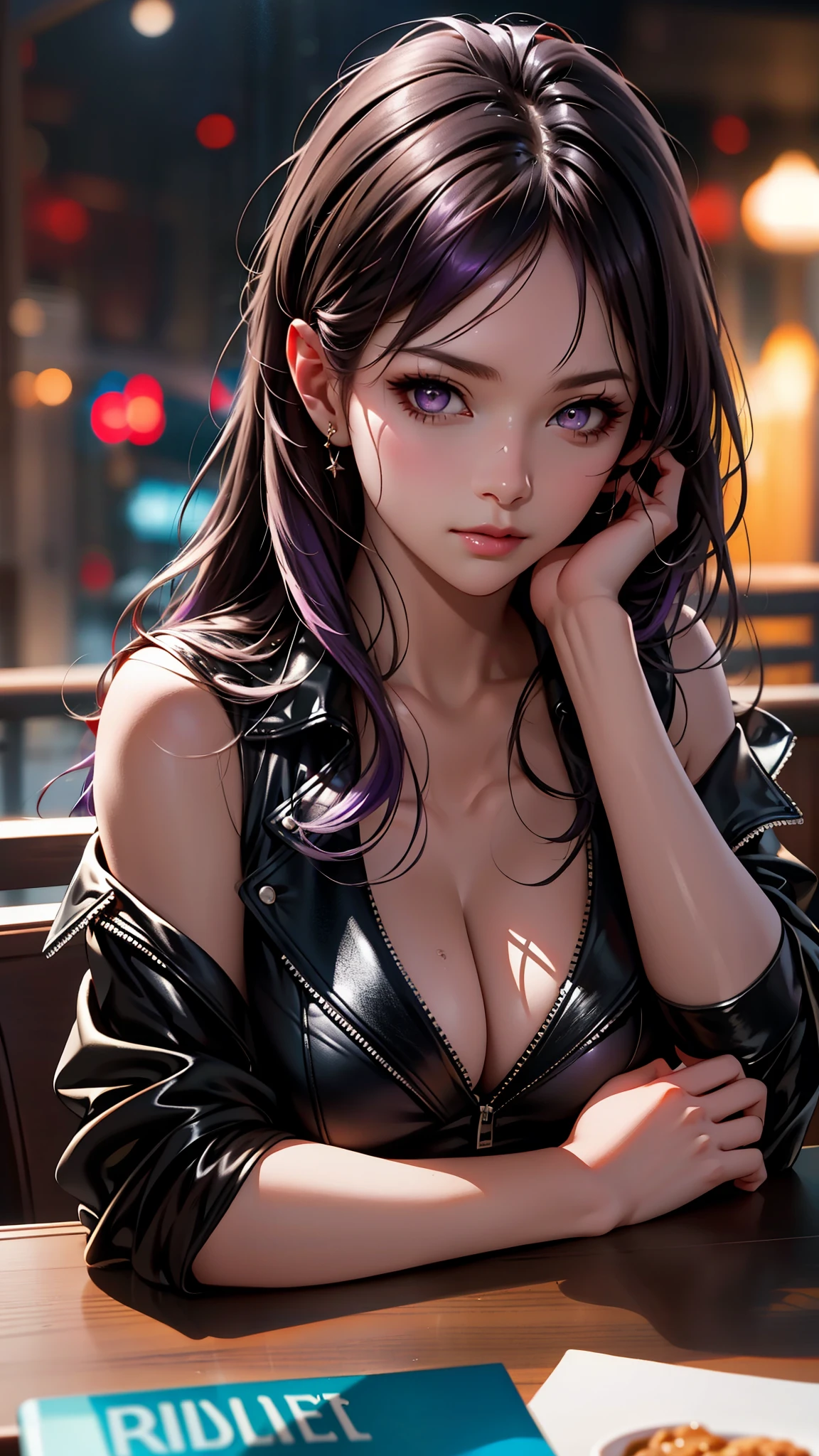 (best quality:1.1), (Masterpiece:1.2), High quality shadow, beautiful details, Beautiful face, Detailed eyes, depth of field, high resolution, best shadow, best light, 1 girl, see the audience, shiny purple hair, smooth, blunt, long hair, glowing purple eyes, shy, Very big breasts, pump, Single strap shirt, black leather jacket, table, glass, liquor bottle, night time, rift,  eyes, pub bar background, sexy woman, cold, pov, Cool Woman