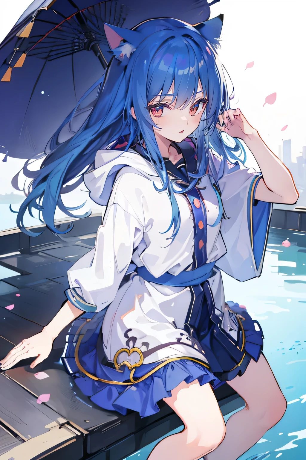 (masterpiece:1.2),Super detailed,lifelike,Expressive eyes,fair skin,perfect face shape,1 girl,
Japanese comics,Gorgeous blue hair,flowing blue hair,flowing clothes,Cat ears,Petals fall,beautiful lola,Baby Angel,
Shaking head with one hand,Cross your legs,Gentle and peaceful background,The pavilion is cool and comfortable,smile, wearing hoodie, background of tokyo,back views,snowing, winter,lie on the water.