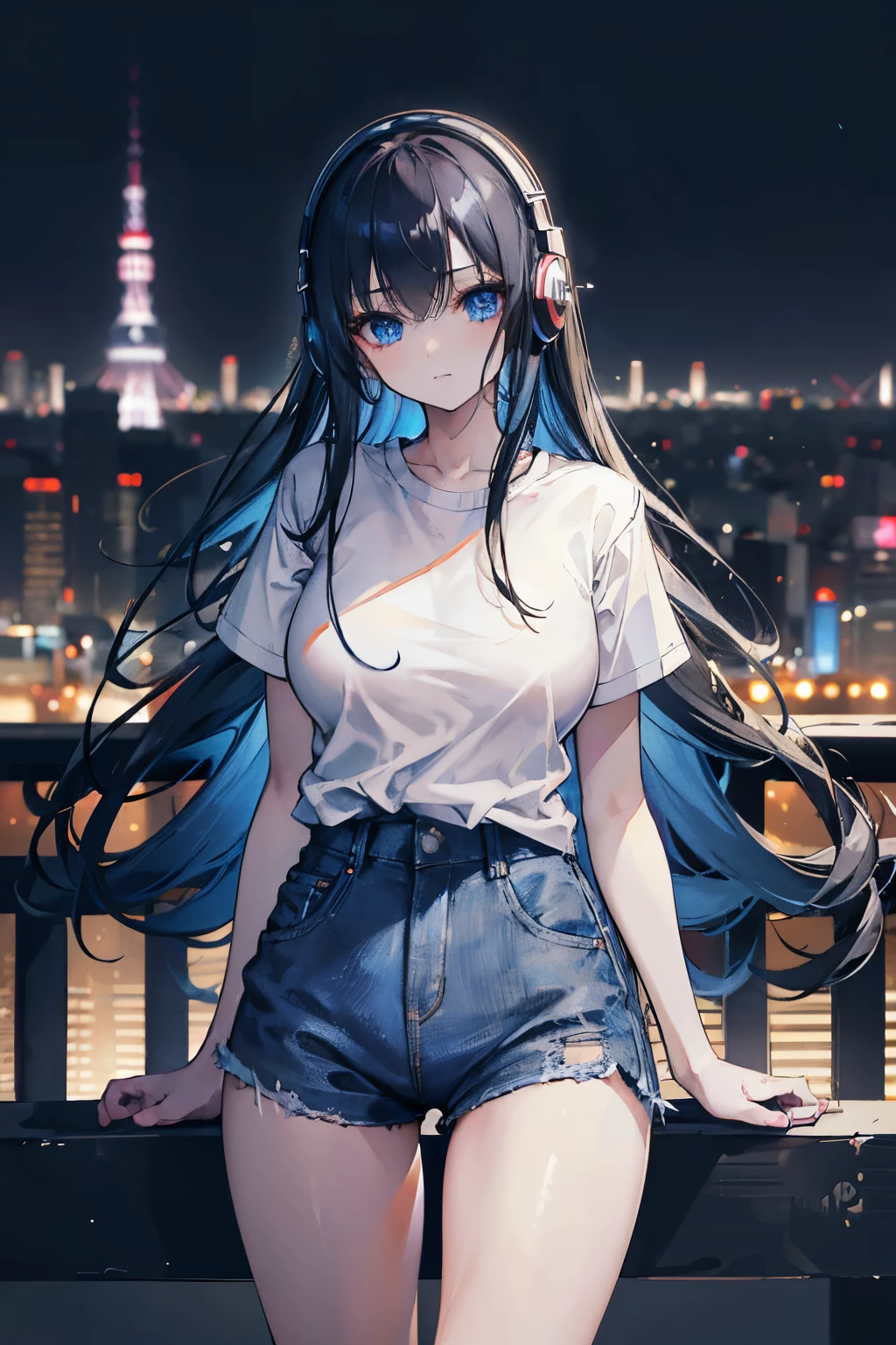 1girl, long black hair, blue eyes, wearing tight white shirt, denim shorts, wearing headphones, Tokyo night city, absurdres, high res, ultrasharp, 8k, masterpiece, looking at viewer