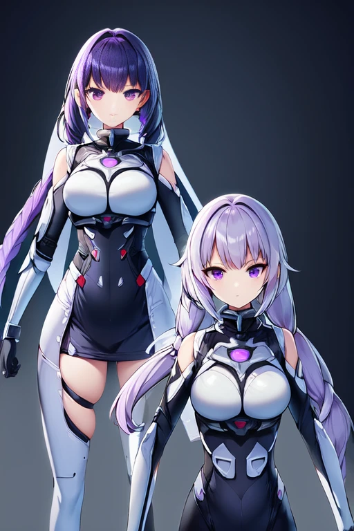 Very detailed、(Two Girls):2,Underwater photography in futuristic costumes、Underwater background、, Medium Hair、Purple Hair、Slightly low twintails、The physics of hair in water,bubble,Light coming from the water,Reflective plate,Put in water,Separate the water layer,Fish school,Wearing futuristic white armor, A girl wearing mechanical cyber armor, Unreal Engine Rendering + welcome, Cyborg Porcelain Armor, Shine白い鎧, Female cyborg body, Beautiful and attractive cyborg woman, Various Cyber Suits, Beautiful cyborg woman, Beautiful girl cyborg, Wearing futuristic armor, Perfect cyborg woman、Shine,Collected_yamato、　highest quality,astrovest