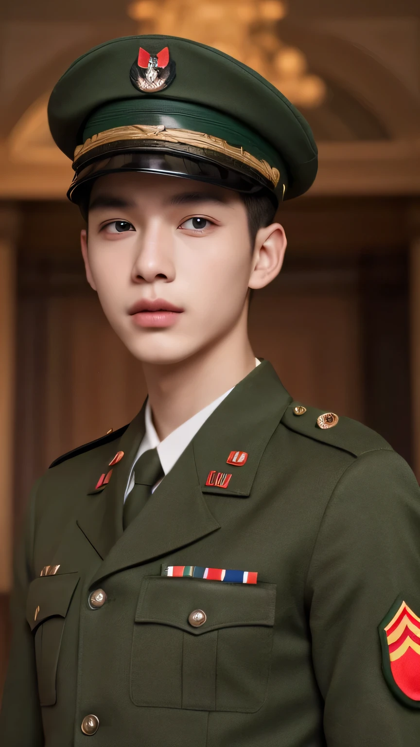 ((best quality)), ((masterpiece)), (detailed), Perfect face，A young man who is about to join the army，Wearing green military uniform with military cap，There are red elements on the military uniform，Face the camera，Male Soldiers，