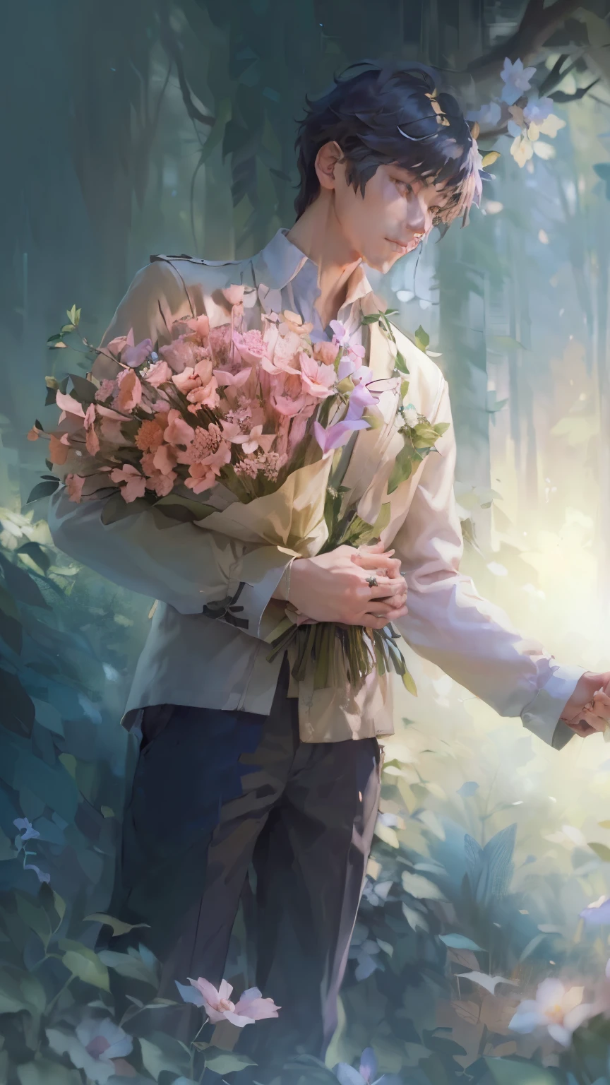 A man holding a bouquet of flowers in a forest, 🌺 cgsociety, the flower prince, carrying flowers, holding flowers, with flowers, holding magic flowers, cai xukun, makoto shinkai and tom bagshaw, inspired by Yanjun Cheng, artwork in the style of guweiz, sakimichan and makoto shinkai