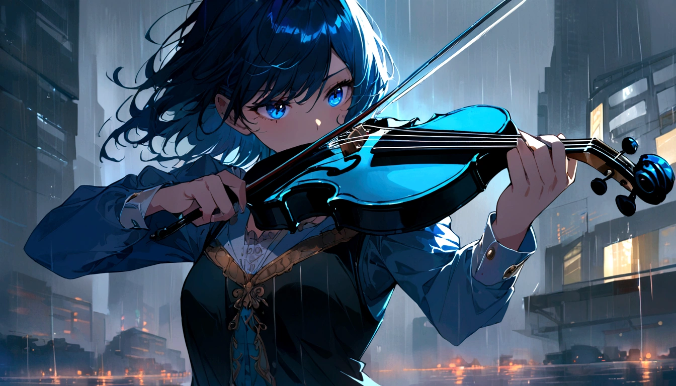 1girl, playing violin, night, city background, masterpiece, hope eyes, thinking eyes, self-hope, rain, ultra detailed, 8k, 16k, detailed eyes, blue colors, gray background, dynamic pose