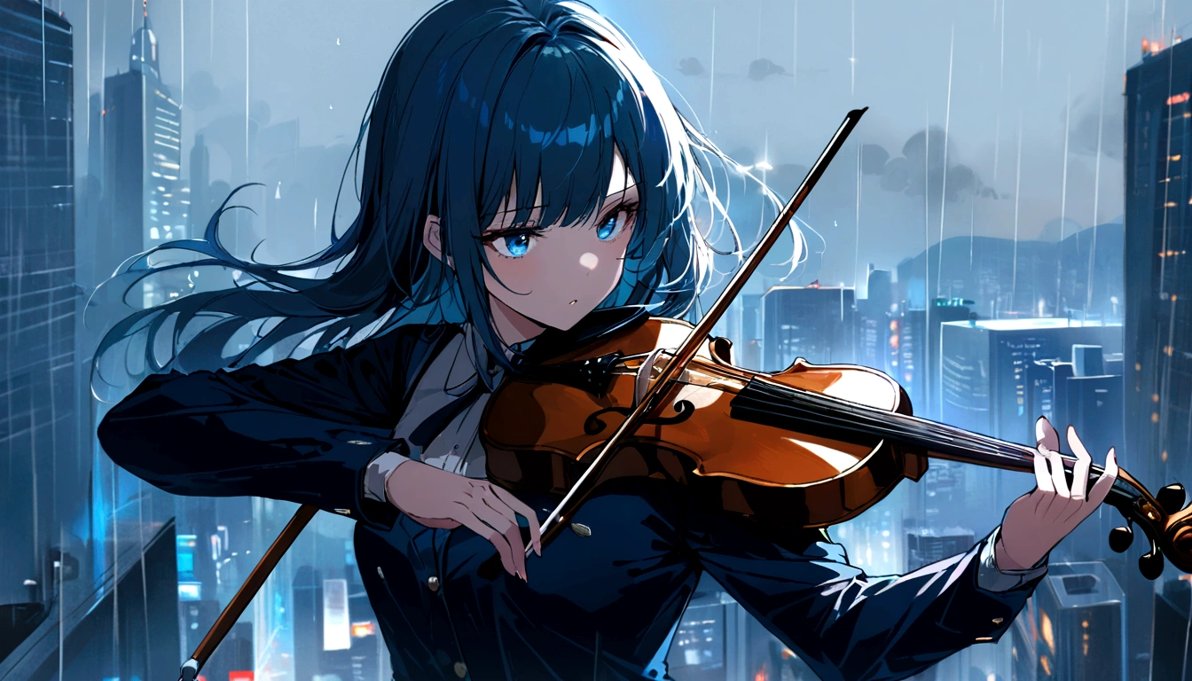 1girl, playing violin, night, city background, masterpiece, hope eyes, thinking eyes, self-hope, rain, ultra detailed, 8k, 16k, detailed eyes, blue colors, gray background, dynamic pose