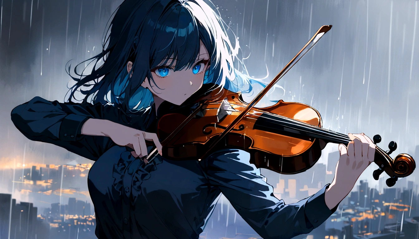 1girl, playing violin, night, city background, masterpiece, hope eyes, thinking eyes, self-hope, rain, ultra detailed, 8k, 16k, detailed eyes, blue colors, gray background, dynamic pose