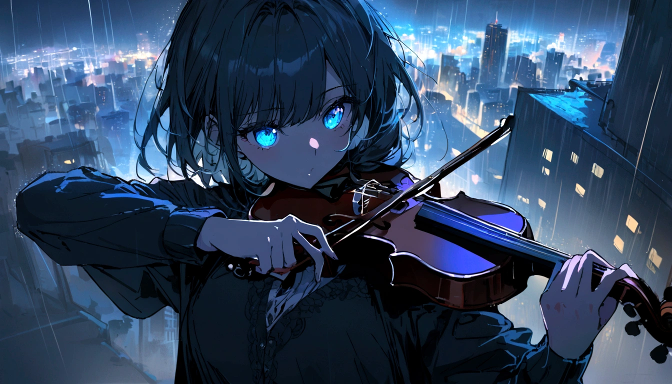 1girl, playing violin, night, city background, masterpiece, hope eyes, thinking eyes, self-hope, rain, ultra detailed, 8k, 16k, detailed eyes, blue colors, gray background, dynamic pose