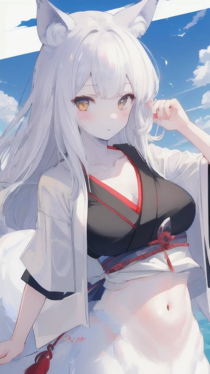 (best quality, masterpiece), 1 girl, centaur, It takes, White skin, Japanese , exposing the abdomen,belly button t-shirt, beautiful girl perfect wolf photo, perfect wolf photo