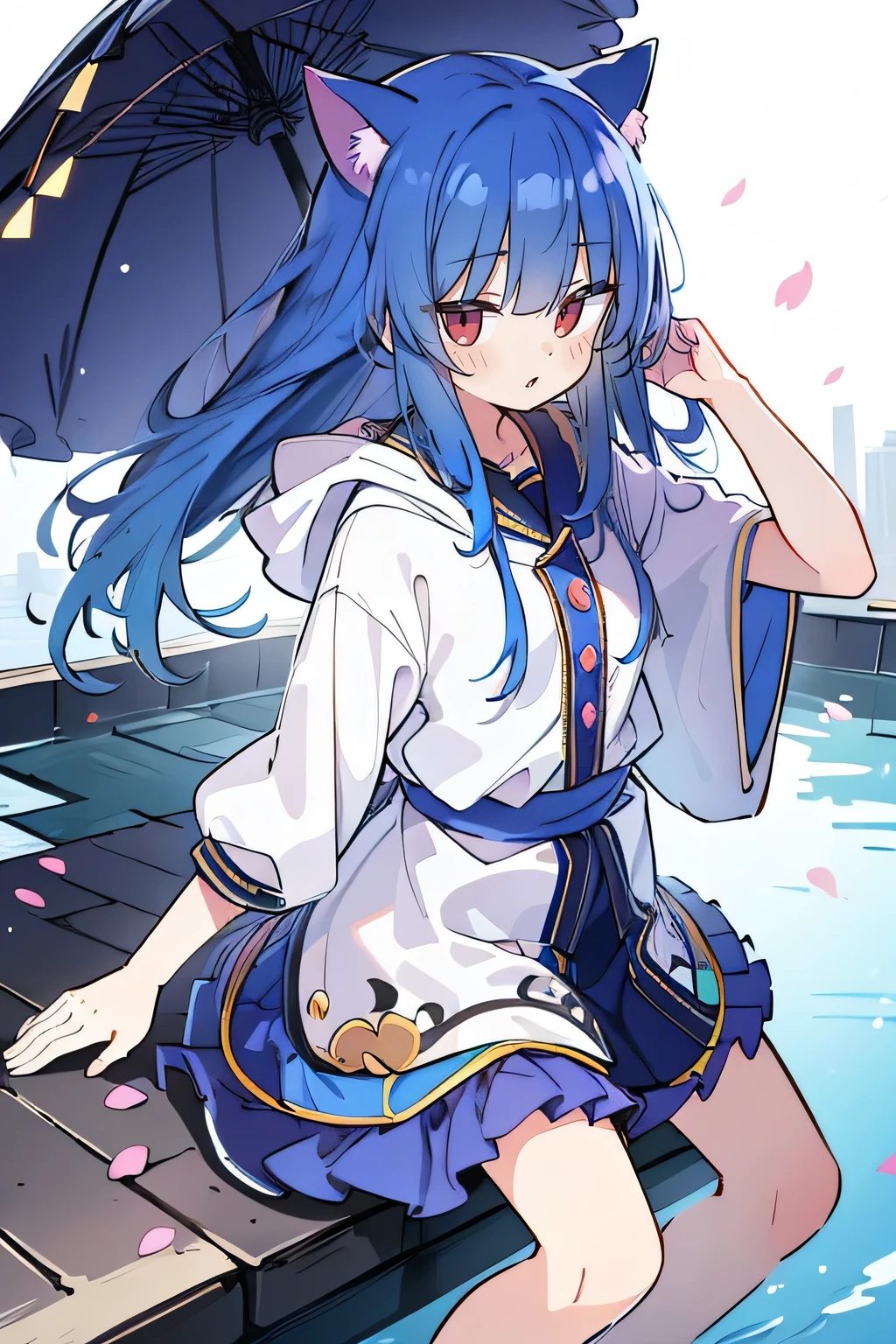 (masterpiece:1.2),Super detailed,lifelike,Expressive eyes,fair skin,perfect face shape,1 girl,
Japanese comics,Gorgeous blue hair,flowing blue hair,flowing clothes,Cat ears,Petals fall,beautiful lola,Baby Angel,
Shaking head with one hand,Cross your legs,Gentle and peaceful background,The pavilion is cool and comfortable,smile, wearing hoodie, background of tokyo,back views,snowing, winter,lie on the water.