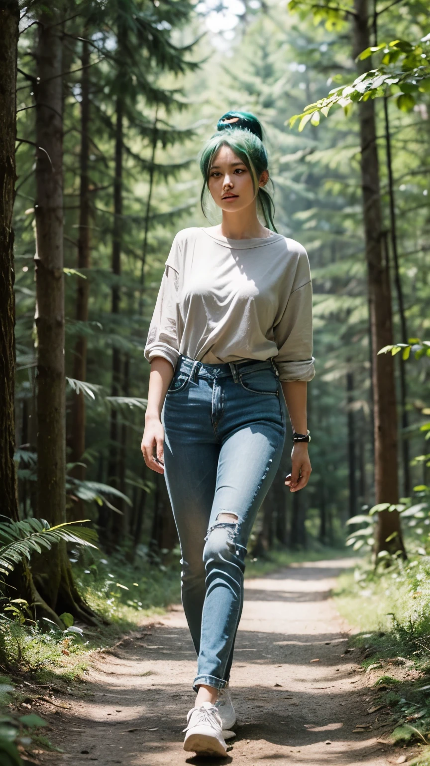 Nature Walk: The model is captured mid-stride on a forest path, with tall trees and sunlight streaming through the leaves. She’s dressed in a casual denim outfit, with her green hair tied back in a ponytail and a serene expression on her face.  masterpiece 8k photo realistic
