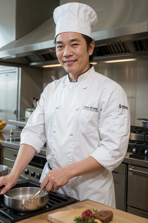 japanese man, 50 years old, wear a chef jacket and chef hat, smile face, at a kitchen, executive chef, high chef hat, professional chef