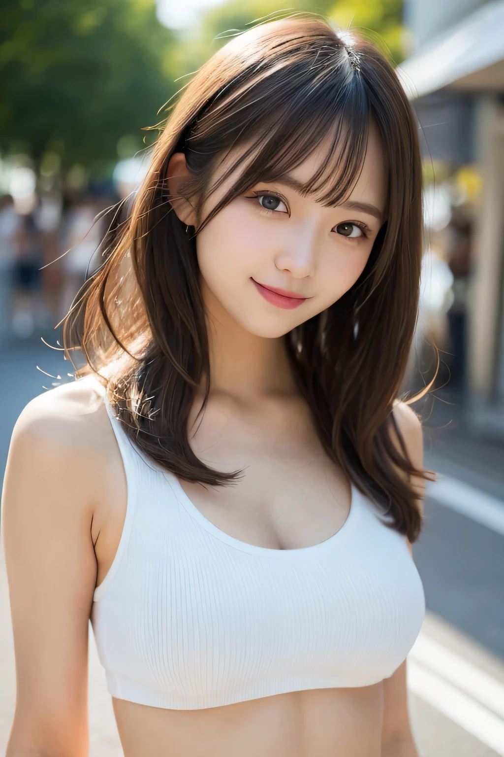 masutepiece, Best Quality, Illustration, Ultra-detailed, finely detail, hight resolution, 8K Wallpaper, Perfect dynamic composition, Beautiful detailed eyes, Women's Fashion Summer,Medium Hair,small tits,Natural Color Lip, Bold sexy poses,Smile,Harajuku、18 years girl、Cute、Sexy shot looking at camera, Large Breasts, Slim Body