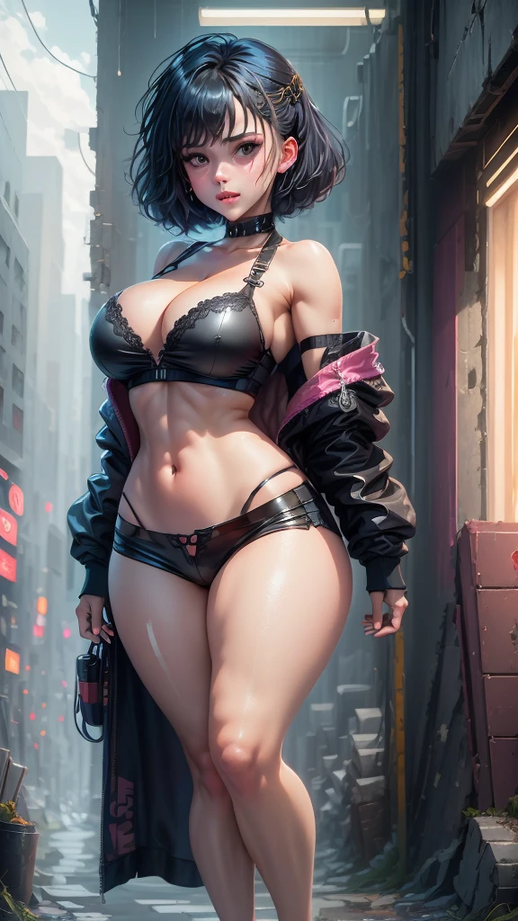motor ilusorio:1.4,CG K ultrarrealista,Fotorrealista:1.4,Textura de la piel:1.4,obra maestra:1.4,Beautiful woman in doll's underwear、Cyberpunk style yellow shorts,Medias rojas,minifalda azul,erotic lace,tetas grandes, labios grandes y jugosos, muslos gruesos y jugosos
