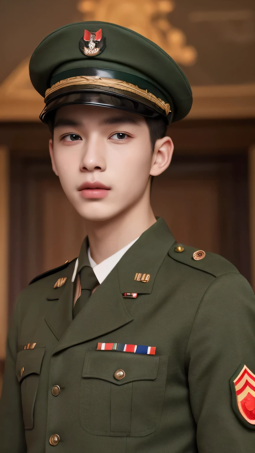 ((best quality)), ((masterpiece)), (detailed), Perfect face，A young man who is about to join the army，Wearing green military uniform with military cap，There are red elements on the military uniform，Face the camera，Male Soldiers，