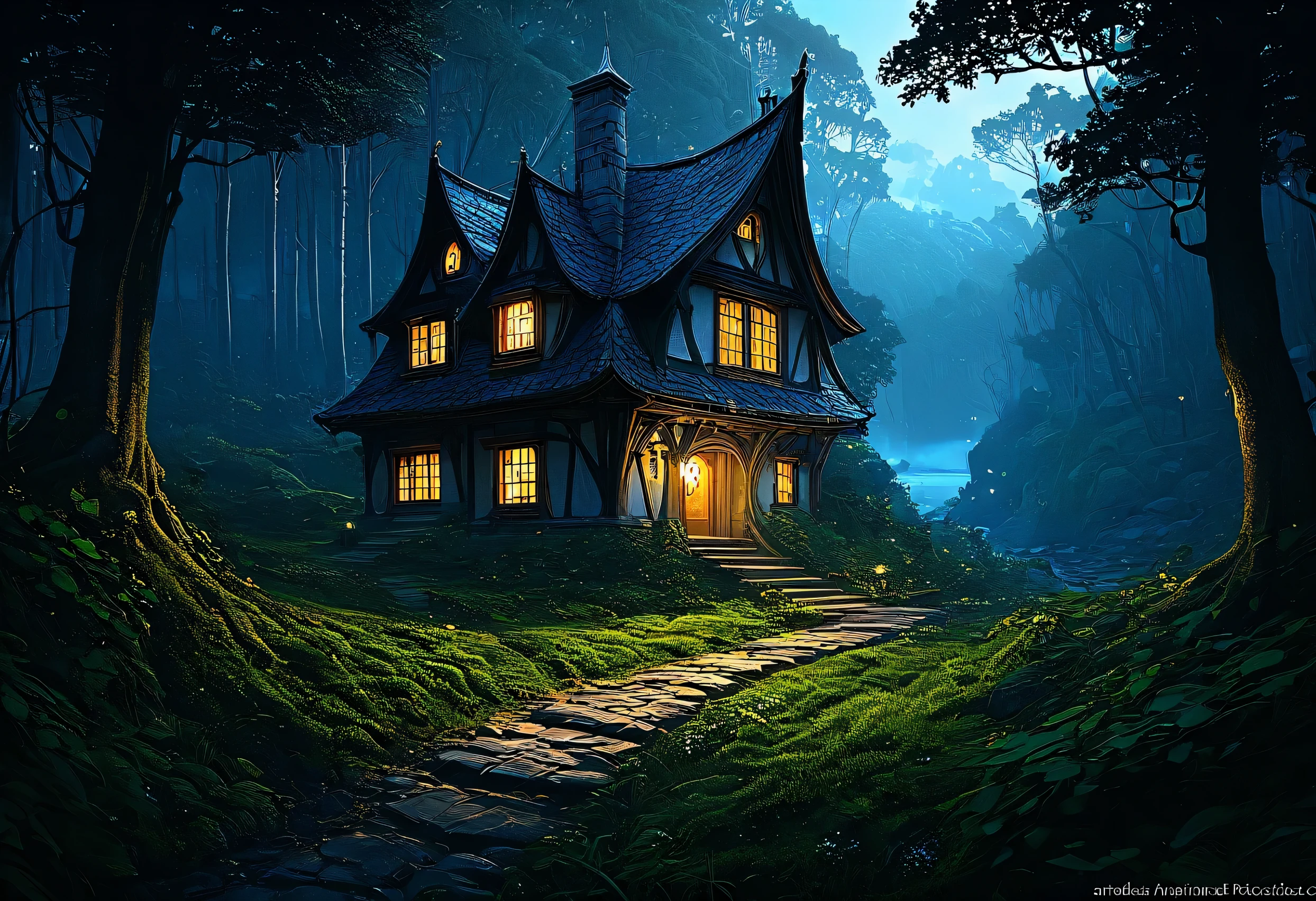 Night view of a house with a path through the forest, Concept art inspired by Andreas Rocha, Artstation Contest Winner, Fantasy art, Beautiful depiction of a fairy tale, fantasy house, A pleasant and enchanting scene, realistic Fantasy Rendering, Andreas Rocha Style, dark Fantasy Setting, Fantasy Setting, Fantasy Rendering, cottage in the woods, By Andreas Rocha