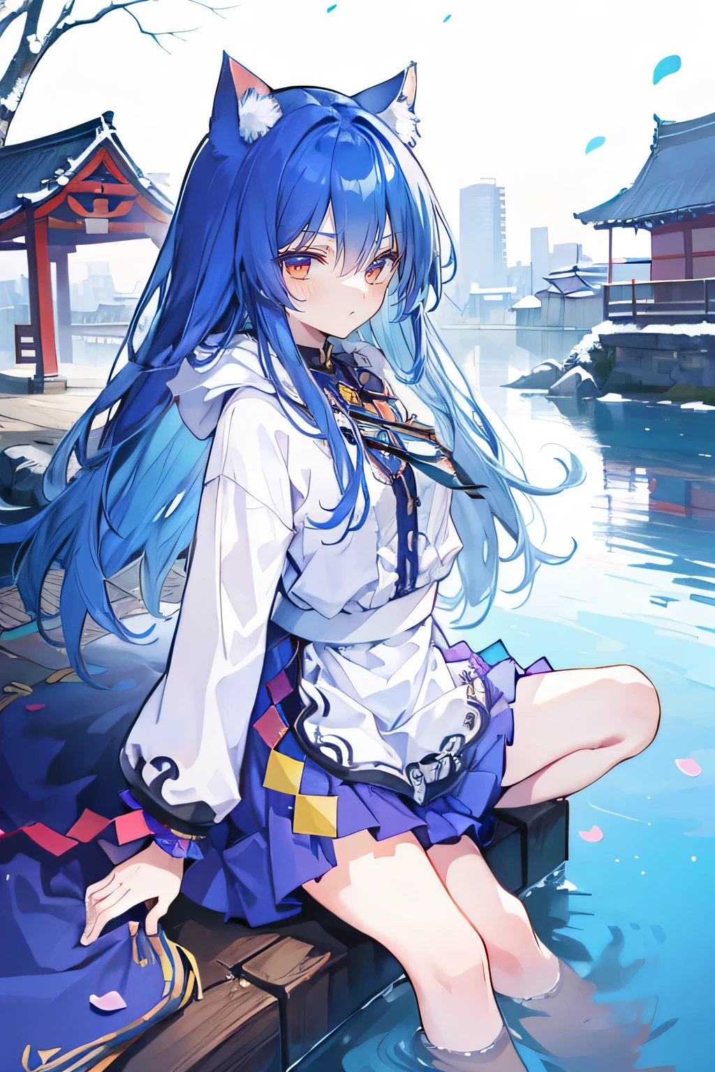 (masterpiece:1.2),Super detailed,lifelike,Expressive eyes,fair skin,perfect face shape,1 girl,
Japanese comics,Gorgeous blue hair,flowing blue hair,flowing clothes,Cat ears,Petals fall,beautiful lola,Baby Angel,
Shaking head with one hand,Cross your legs,Gentle and peaceful background,The pavilion is cool and comfortable,smile, wearing hoodie, background of tokyo,back views,snowing, winter,lie on the water.