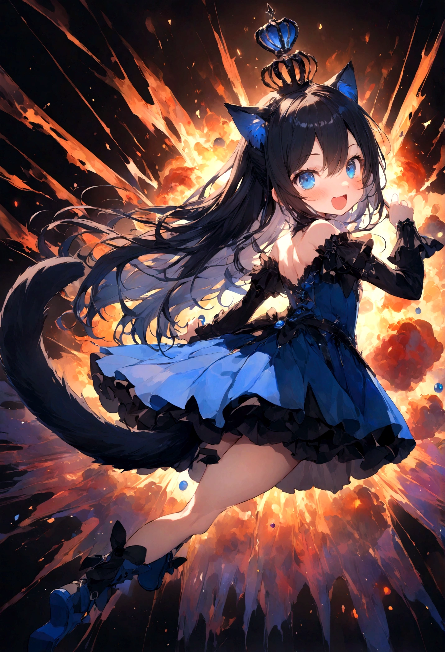 cute、、Young Girl、12age、Flying、looks fun、whole body、Black Hair、Black cat ears、Cat's Tail、Beautiful blue eyes、Black crown、Black and blue vampire wings、Glare、Rin々Funny face、beautiful、blue Moon、Uchu、Lots of blue light、Fantasy,Lots of light、gem、magic、AmbiLight,The colors are vivid and bright,Black background,haze,Detailed depiction,Rich details,Explosion of imagination,Surreal,Ultra-realistic,masterpiece,8k,Light,Tyndall effect