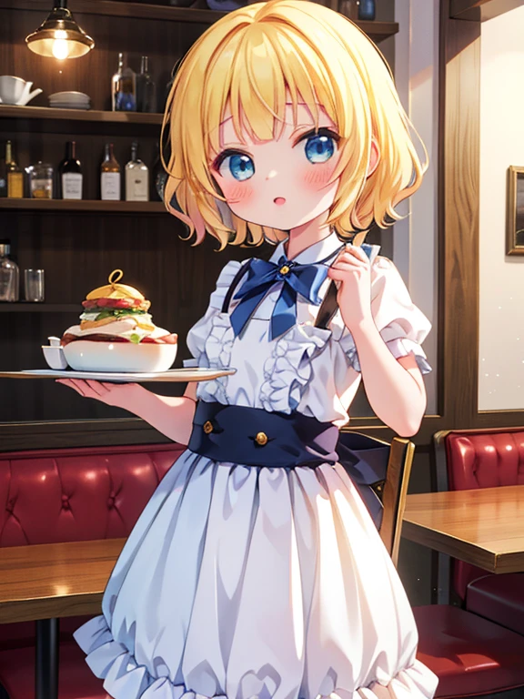 masterpiece, highest quality, Very detailed, 16k, Ultra-high resolution, Cowboy Shot, Detailed face, Perfect Fingers, 17-year-old female,  Blue eyes, Blonde, Inside the restaurant, syaro gochiusa, table, Chair, Carry dishes