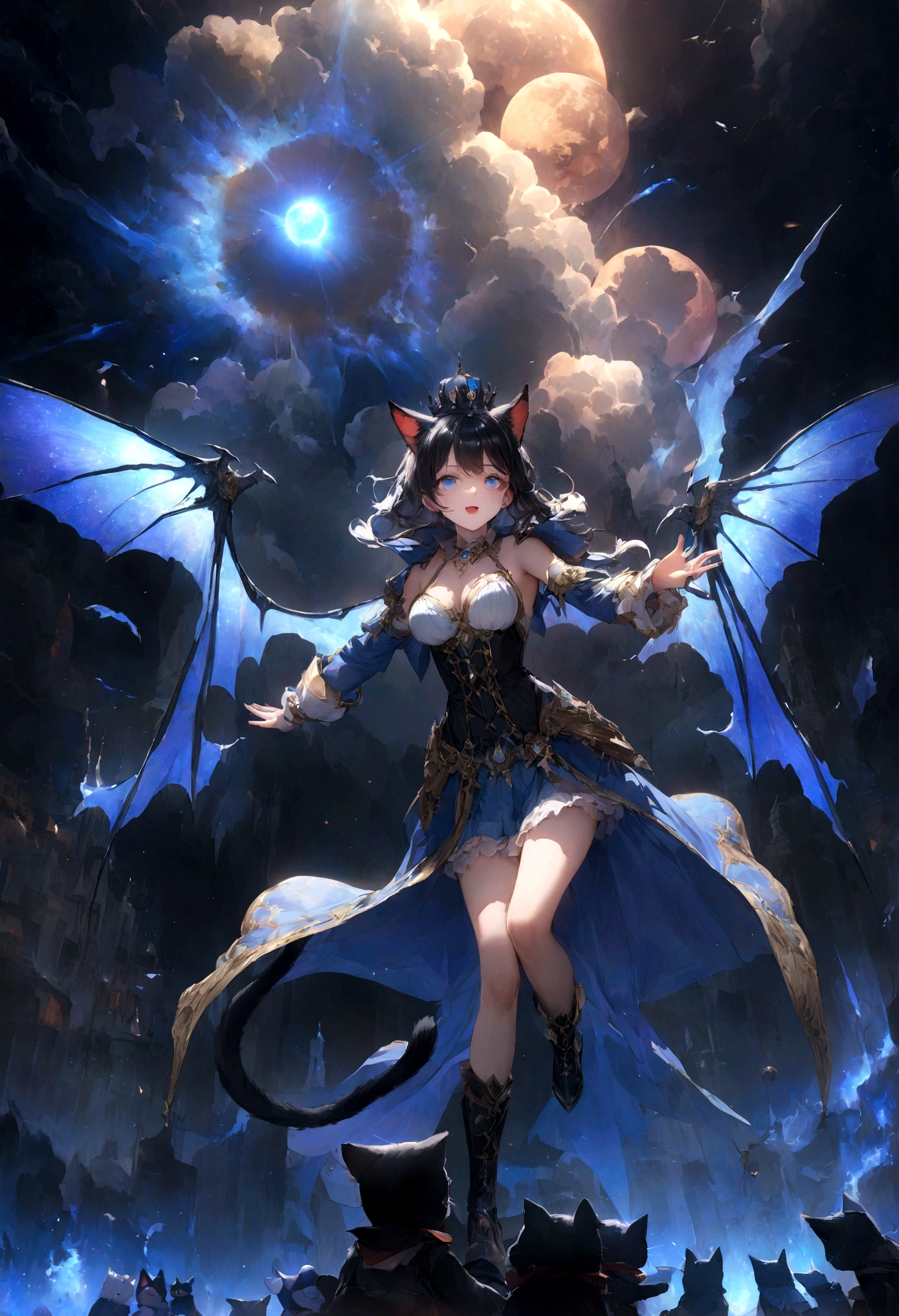 cute、、Young Girl、12age、Flying、looks fun、whole body、Black Hair、Black cat ears、Cat's Tail、Beautiful blue eyes、Black crown、Black and blue vampire wings、Glare、Rin々Funny face、beautiful、blue Moon、Lots of blue light、universe、Fantasy,Lots of light、gem、magic、AmbiLight,The colors are vivid and bright,Black background,haze,Detailed depiction,Rich details,Explosion of imagination,Surreal,Ultra-realistic,masterpiece,8k,Light,Tyndall effect