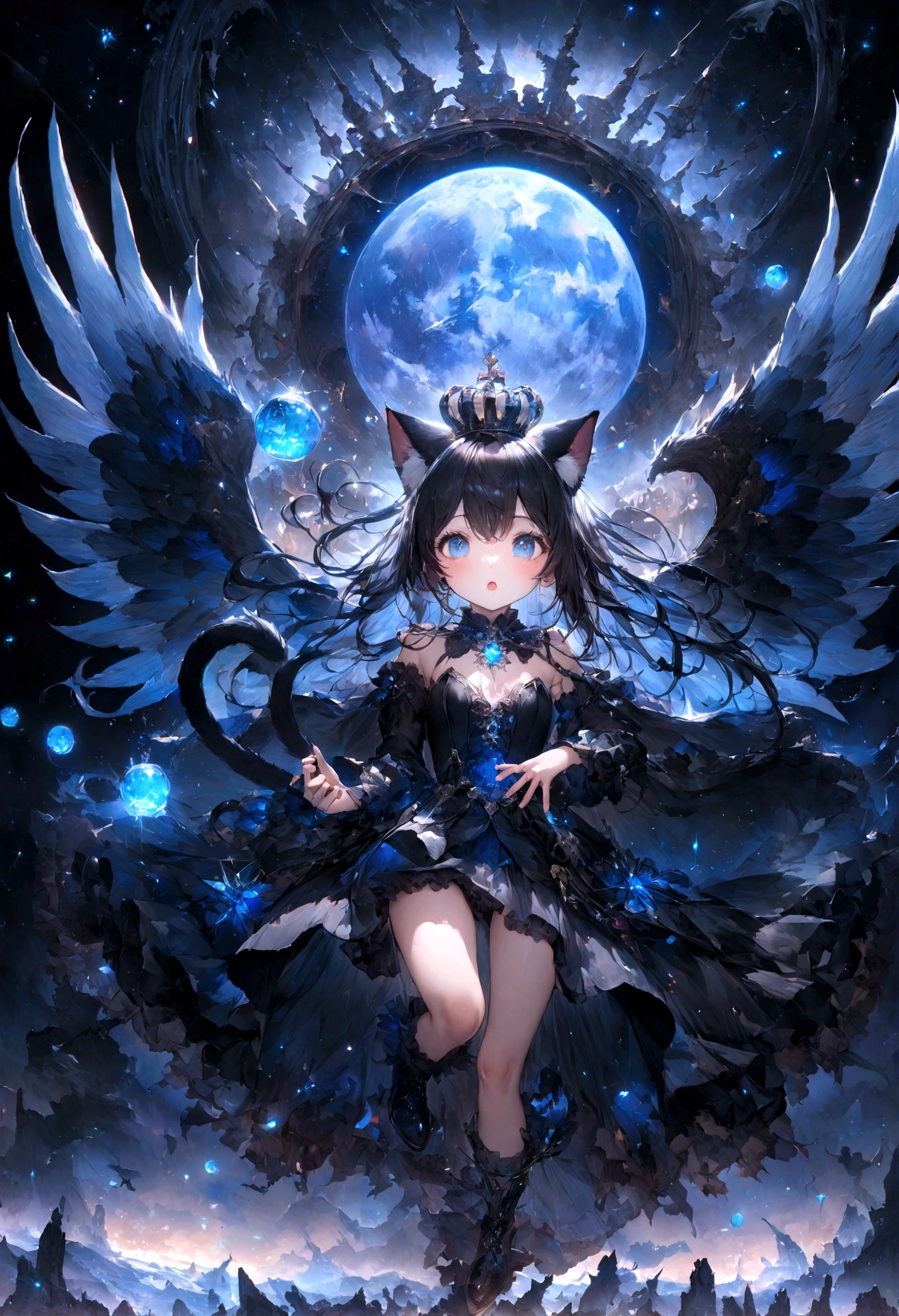 cute、、Young Girl、１２age、Flying、looks fun、whole body、Black Hair、Black cat ears、Cat&#39;s Tail、Beautiful blue eyes、Black crown、Black and blue vampire wings、Glare、Rin々Funny face、beautiful、blue Moon、Lots of blue light、universe、Fantasy，Lots of light、gem、magic、AmbiLight，The colors are vivid and bright，Black background，haze，Detailed depiction，Rich details，Explosion of imagination，Surreal，Ultra-realistic，masterpiece，8k，Light，Tyndall effect