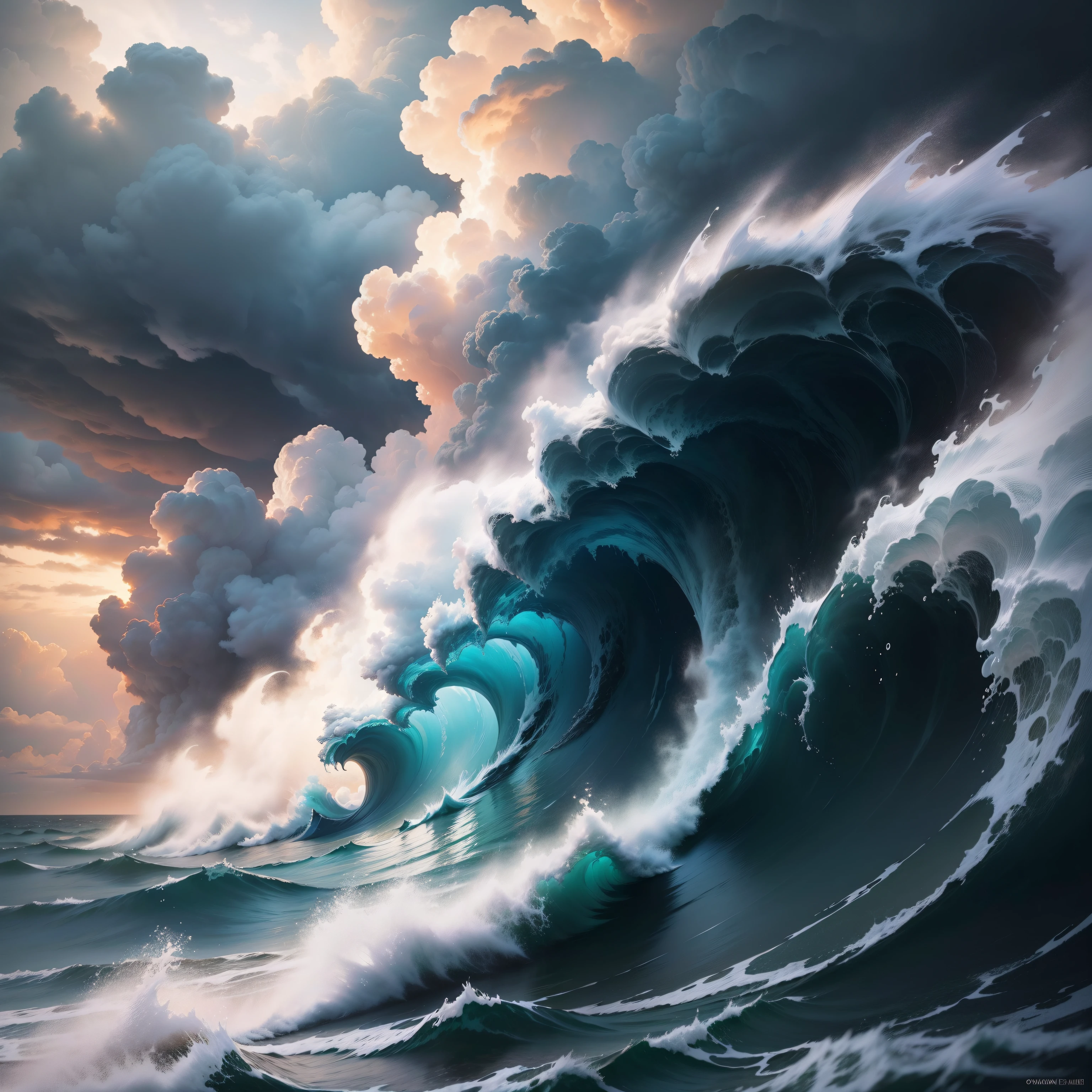 Storm clouds and thunder coming from above the waves Three-point perspective Dynamic lens Masterpiece Blazing fire Super realistic Super detailed