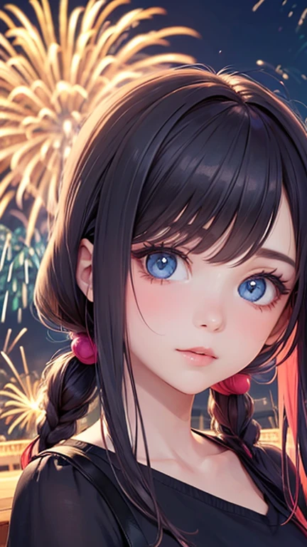 Beauty，Gorgeous and colorful hair，Cute face，Look at the camera，fireworks，Artistic atmosphere