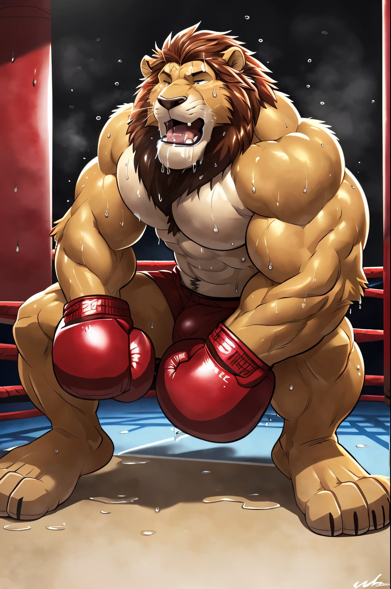 ((solo)), (anthro) lion, adult, mature, masculine, slim:1.2, skinny:1.2, tall:1, (correct anatomy:1.2), vascular veins, (cartoon fur, detailed fur texture:1.3), naked, (shirtless, boxing gloves, completely naked, ultradetailed, (by wfa:1.2), (by takemoto_arashi, by vorusuarts, by Traver009:1, by grimfaust:1), natural lighting ((boxing ring):1.4 background), (sweat:1.4, wet:1.6), (lots of sweat flowing down) exhausted, lion:1 head ((open eyes, detailed):1.2), open mouth (steaming breath:1.2, drooling, dripping saliva, thick drool) tongue sticking out, (serious:1.4) expression), grumpy, sad, lying down, collapsed, defeat, hard cock, big bulge, hard penis