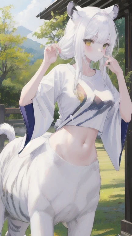 (best quality, masterpiece), 1 girl, centaur, It takes, White skin, Japanese , exposing the abdomen,belly button t-shirt, beautiful girl perfect white tiger photo, perfect white tiger photo