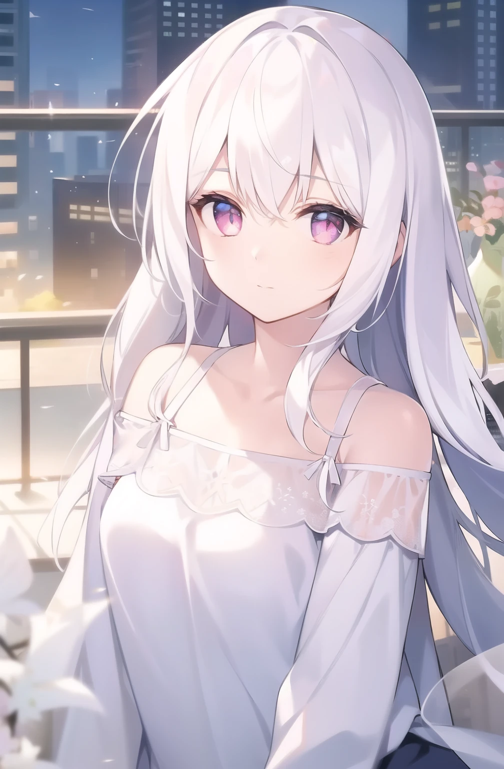 ((masterpiece, best quality))++, Detailed lighting+, Detailed hair+, Detail hand+ ,1 girl, Miss, Long hair, Crimson eyes, beautiful eyes, young white hair,,(Beautiful white hair:1.5),(Beautiful and delicate eyes), high resolution+,glass tint, Reflective eyes, {{angle}} , Very detailed wallpaper, The original, ,Sea of Flowers,Air bangs,city road,Double ponytails,Extremely beautiful CG