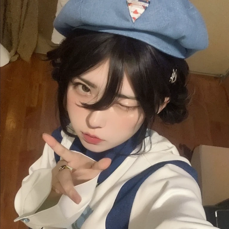 there is a woman who is wearing a hat and holding a cell phone, cosplay de anime, cosplay de  anime, Ulzzang, sakimichan, Inspirado em Leng Mei, garota de anime na vida real, uniforme jk, cosplay, e - garota, e-garota, Shikamimi, cosplayer, seifuku, trends on cgstation, como personagem de anime