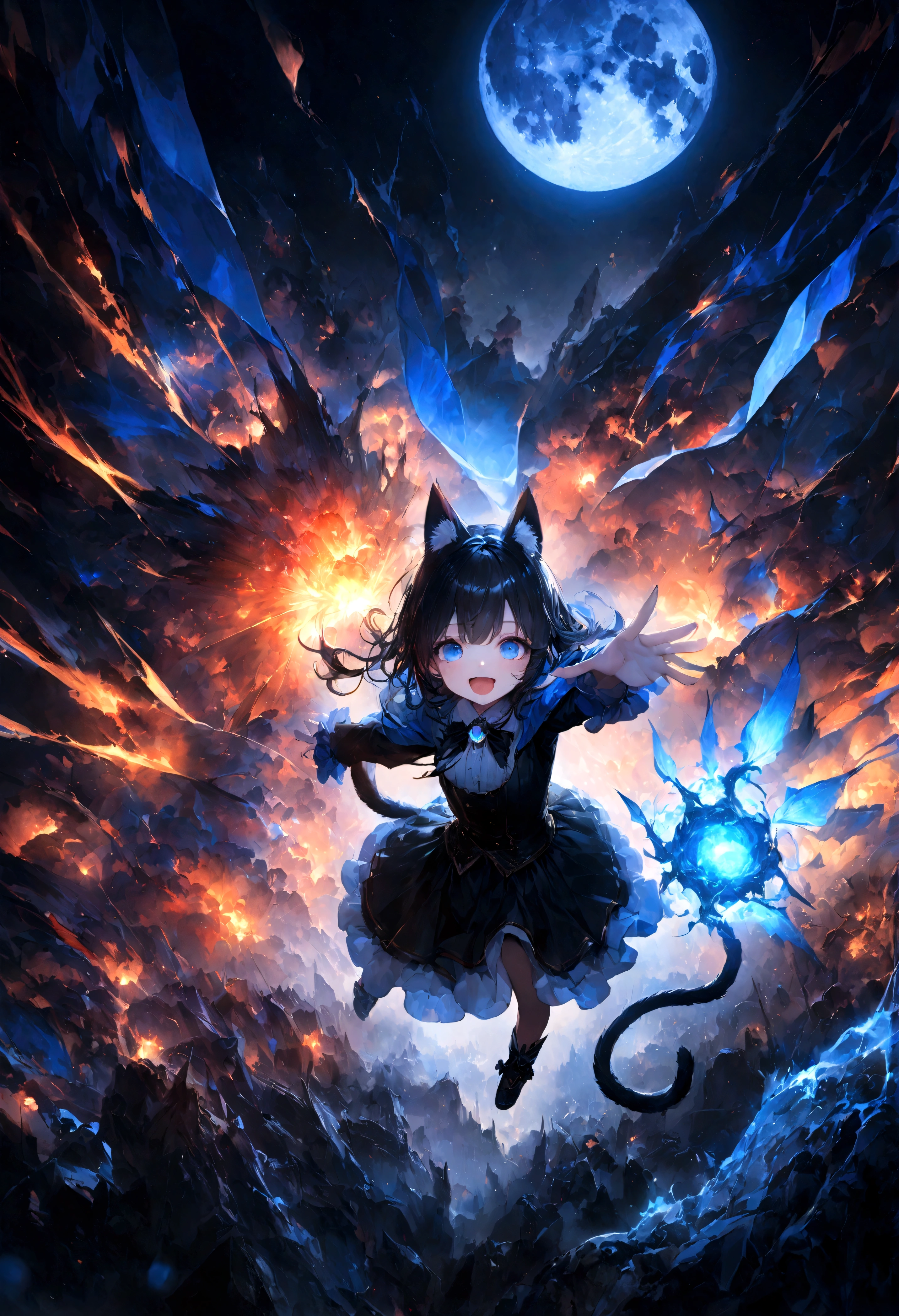 cute、、Young Girl、１２age、Flying、looks fun、whole body、Black Hair、Black cat ears、Cat&#39;s Tail、Beautiful blue eyes、Black crown、Black and blue vampire wings、Glare、Rin々Funny face、beautiful、blue Moon、Lots of blue light、Fantasy，Lots of light、gem、magic、AmbiLight，The colors are vivid and bright，Black background，haze，Detailed depiction，Rich details，Explosion of imagination，Surreal，Ultra-realistic，masterpiece，8k，Light，Tyndall effect