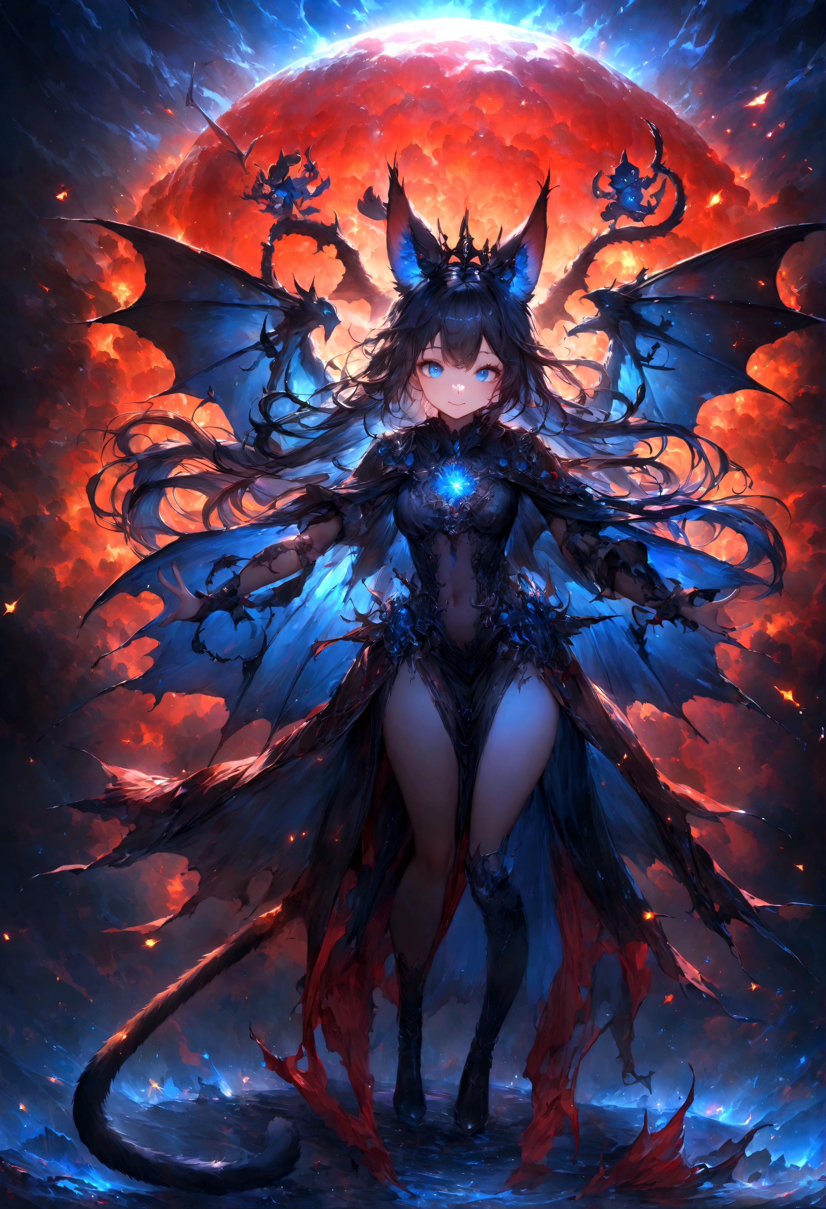 cute、、Young Girl、12age、Flying、looks fun、whole body、Black Hair、Black cat ears、Cat's Tail、Beautiful blue eyes、Black crown、Black and blue vampire wings、Glare、Rin々Funny face、beautiful、blue Moon、Lots of blue light、Fantasy,Lots of light、gem、magic、AmbiLight,The colors are vivid and bright,Black background,haze,Detailed depiction,Rich details,Explosion of imagination,Surreal,Ultra-realistic,masterpiece,8k,Light,Tyndall effect