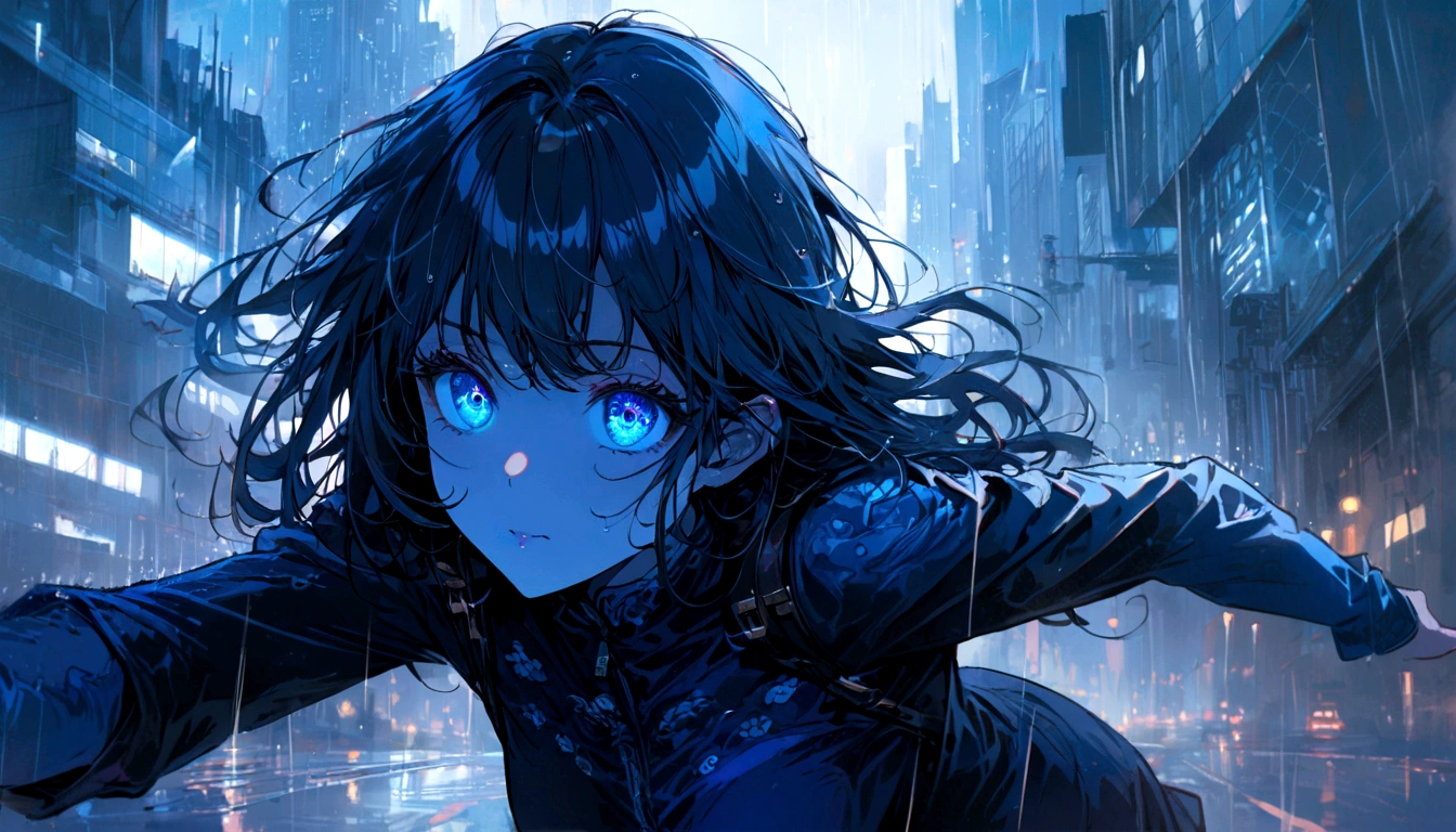 1girl, night, city background, masterpiece, hope eyes, thinking eyes, self-hope, rain, ultra detailed, 8k, 16k, detailed eyes, blue colors, gray background, dynamic pose