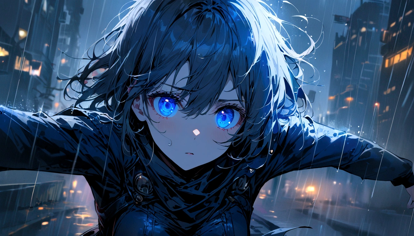 1girl, night, city background, masterpiece, hope eyes, thinking eyes, self-hope, rain, ultra detailed, 8k, 16k, detailed eyes, blue colors, gray background, dynamic pose