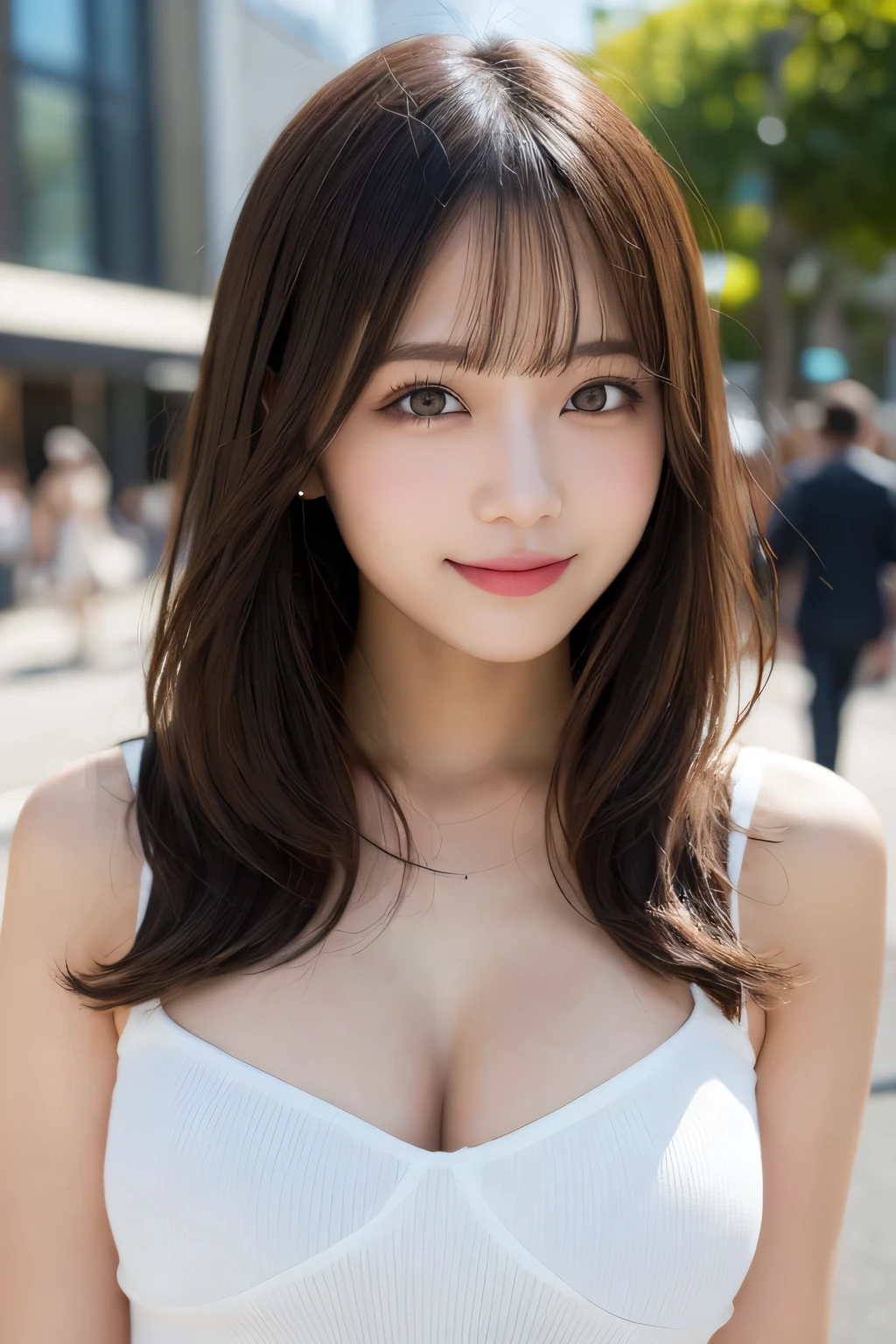 masutepiece, Best Quality, Illustration, Ultra-detailed, finely detail, hight resolution, 8K Wallpaper, Perfect dynamic composition, Beautiful detailed eyes, Women's Fashion Summer,Medium Hair,small tits,Natural Color Lip, Bold sexy poses,Smile,Harajuku、18 years girl、Cute、Sexy shot looking at camera, Large Breasts, Slim Body