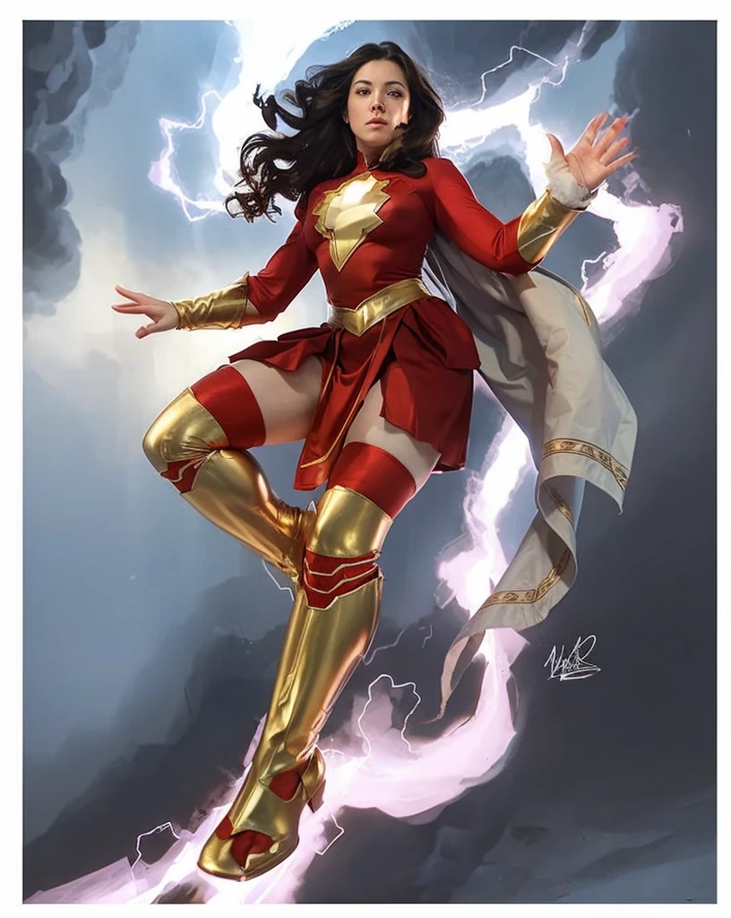 The character Mary Marvel, perfect costume, smooth curves, upturned buttock, beautiful face, seductive girl, perfect hands and fingers, five perfect fingers in left hand 