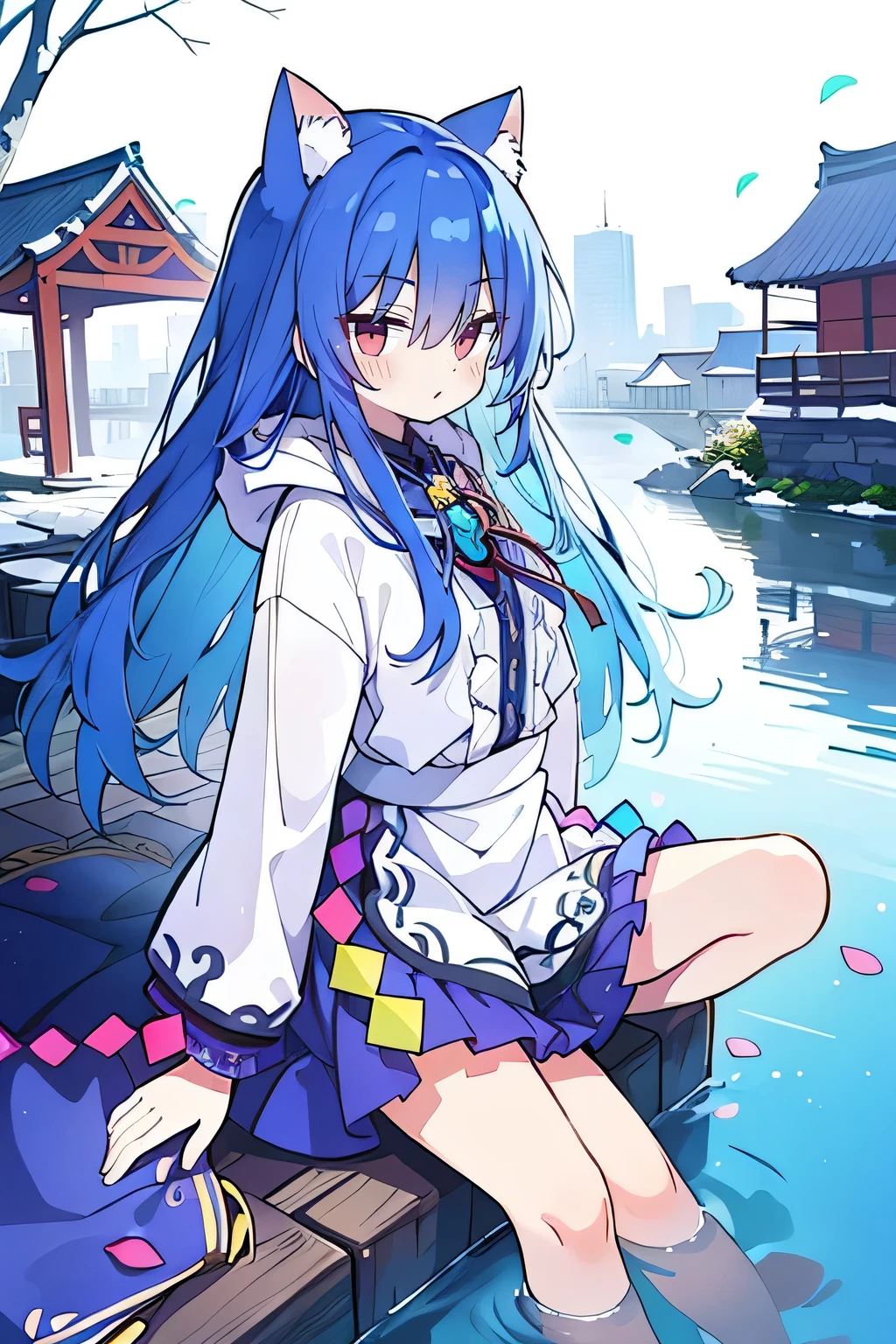 (masterpiece:1.2),Super detailed,lifelike,Expressive eyes,fair skin,perfect face shape,1 girl,
Japanese comics,Gorgeous blue hair,flowing blue hair,flowing clothes,Cat ears,Petals fall,beautiful lola,Baby Angel,
Shaking head with one hand,Cross your legs,Gentle and peaceful background,The pavilion is cool and comfortable,smile, wearing hoodie, background of tokyo,back views,snowing, winter,lie on the water.
