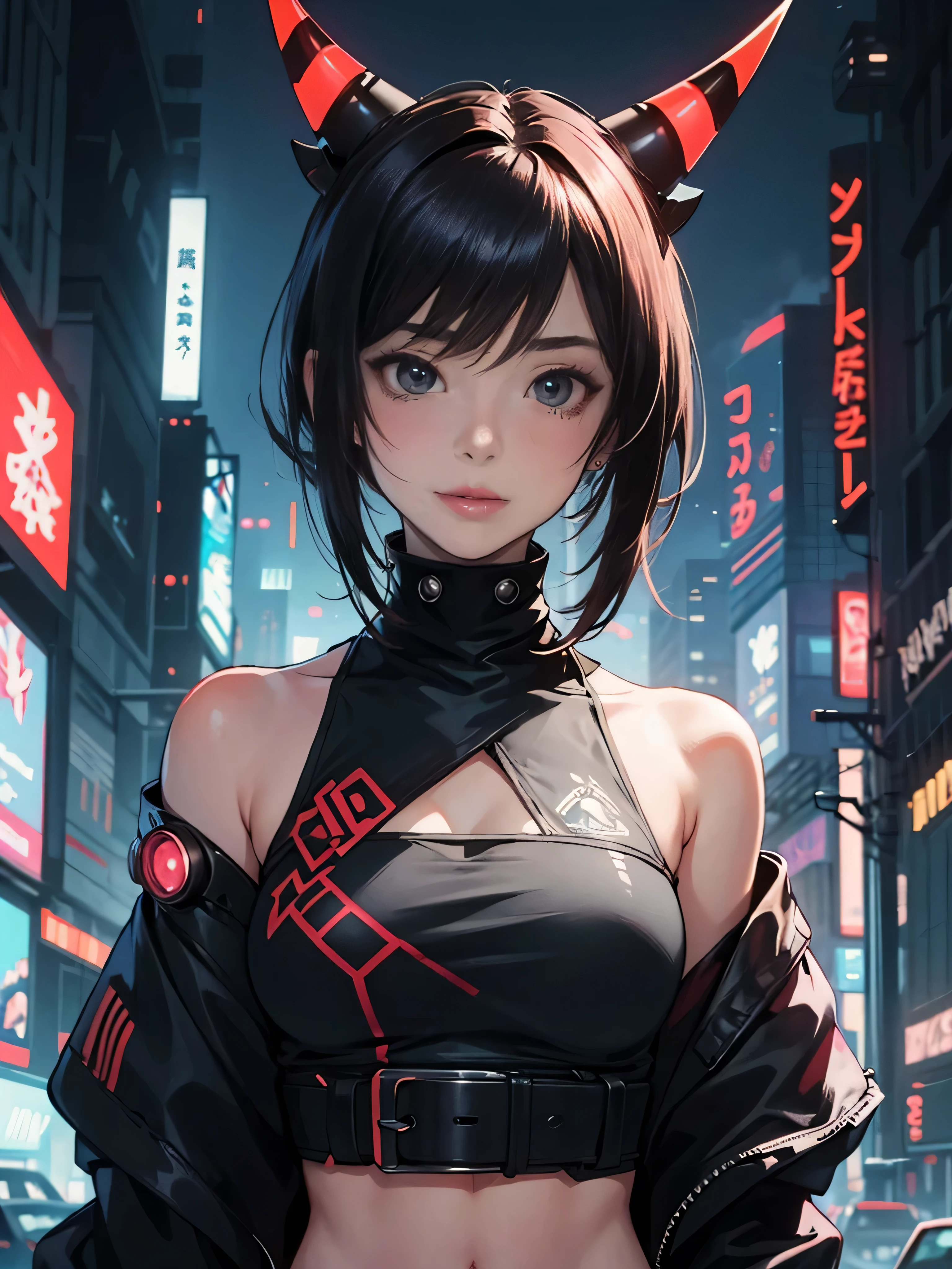 illustration of anime girl with 2 red horn, upper body, detailing, cyberpunk