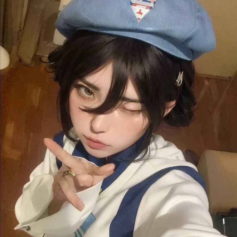 there is a woman who is wearing a hat and holding a cell phone, cosplay de anime, cosplay de anime, Ulzzang, sakimichan, Inspirado em Leng Mei, garota de anime na vida real, uniforme jk, cosplay, e - garota, e-garota, Shikamimi, cosplayer, seifuku, trends on cgstation, como personagem de anime, alta qualidade