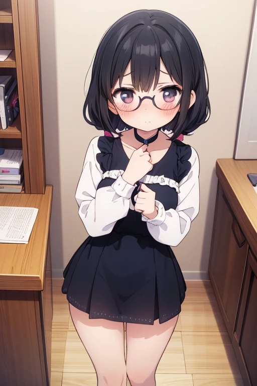 (masterpiece), (highest quality), ((Super detailed))、(super delicate)、Cute naughty peasant woman、Pastel colors hair、medium breasts、Thighs、Gorgeous、black hair, short hair, low twintails, glasses, standard height, (anxious face:1,2、blush:1.2, quiet personality:1.2)